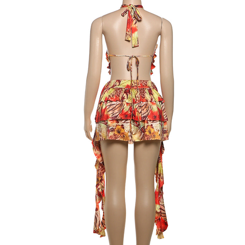 Summer Women's Sexy Halter Neck Tie-Up Low-Back Printed Dress 6