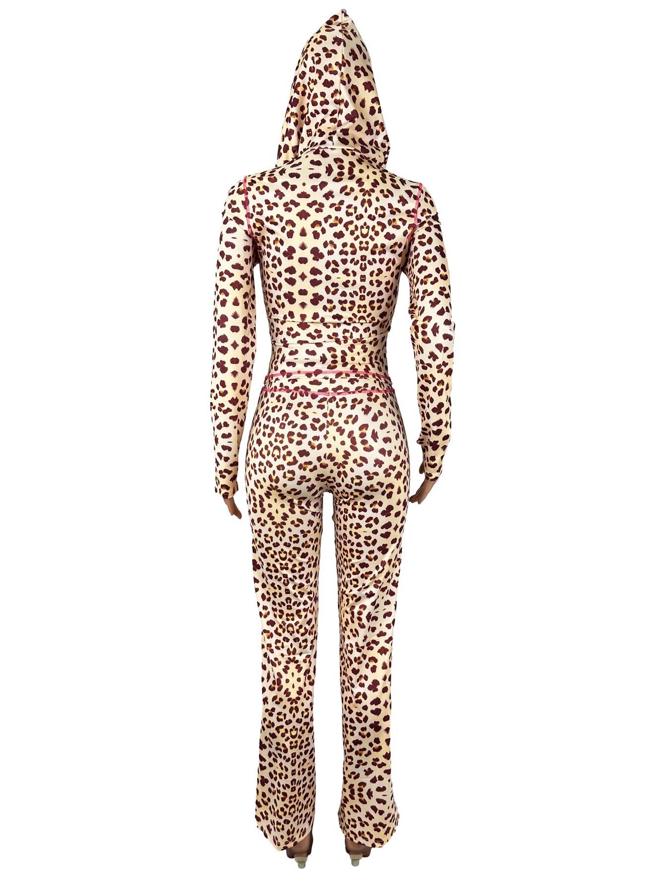 Women Autumn Zipper Hooded Leopard Print Top and Pants Two Piece Set 10