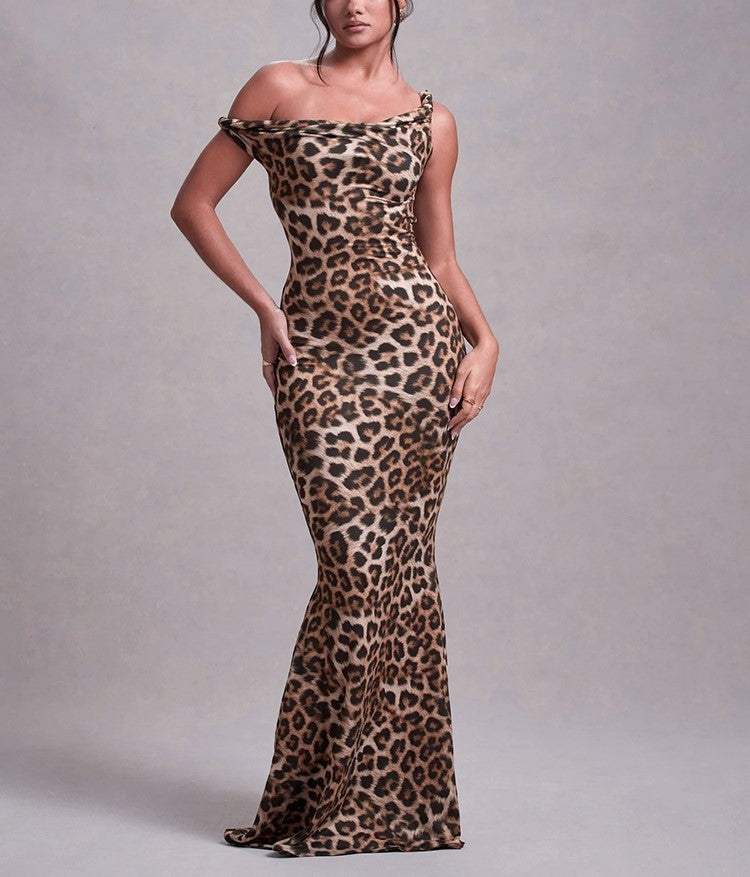 Women Sexy Strap Bcakless Leopard Maxi Dress 9