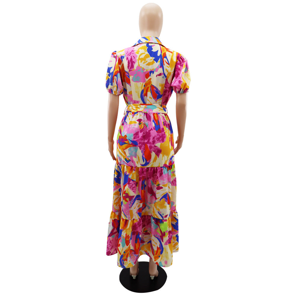Women Chic Printed Turndown Collar Lantern Sleeve A-Line Dress 5
