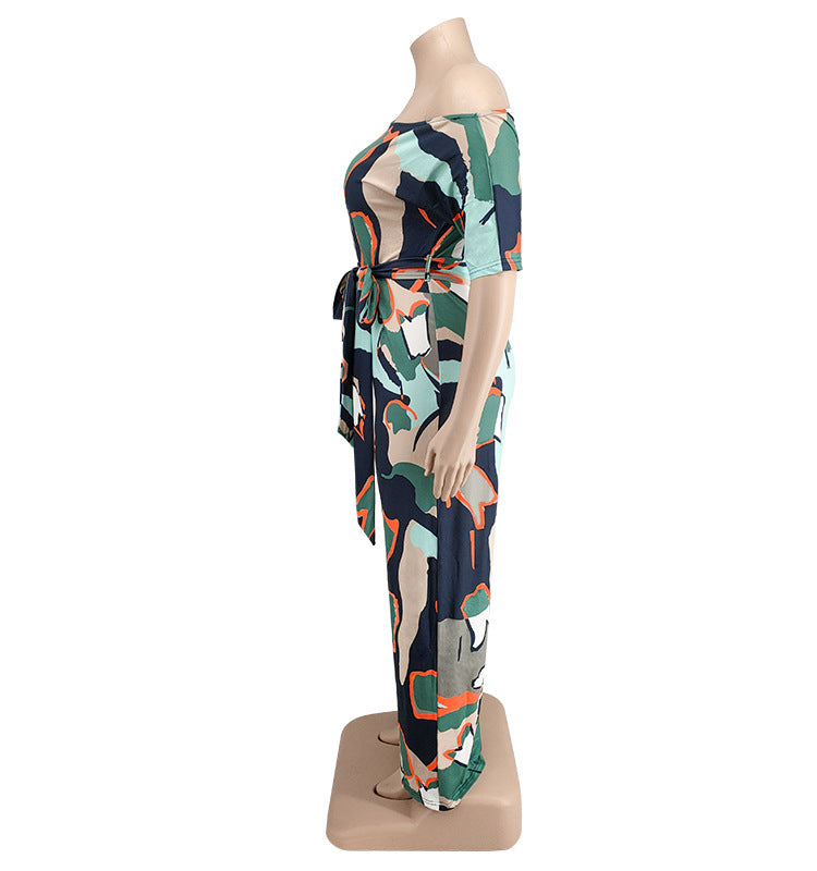 Plus Size Women summer Slash Shoulder print Jumpsuit with belt 19