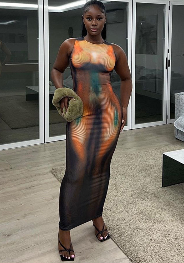 Women Printed Round Neck Sleeveless Dress