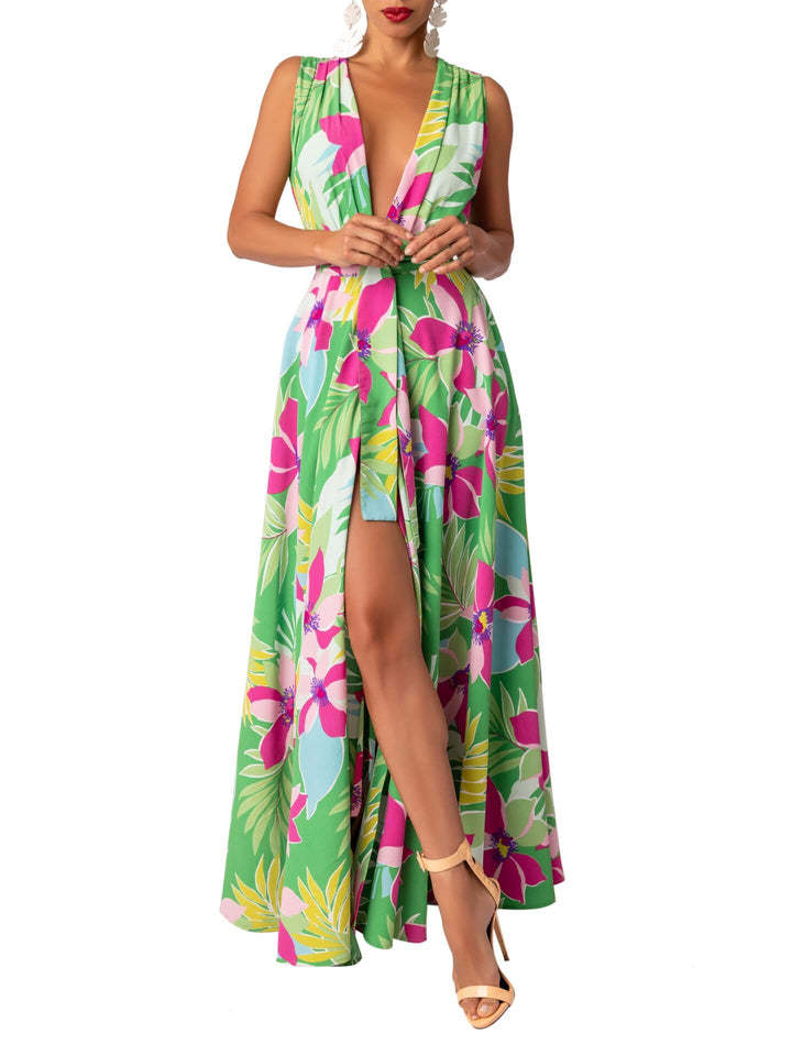 Summer Women's V-Neck Printed High Waist Belt Swing Maxi Dress 13