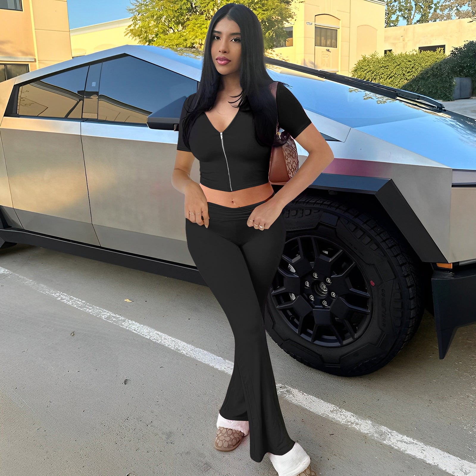 Women Spring Zipper Short Sleeve Hooded Top and Bell Bottom Pants Two-Piece Set 3