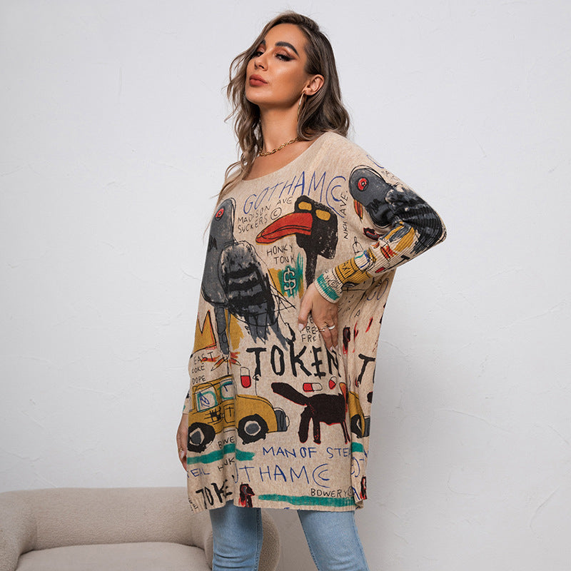 Plus Size Cartoon Print Sweater Long Sleeve Women Casual Pullover Loose Knitting Shirt Top 5