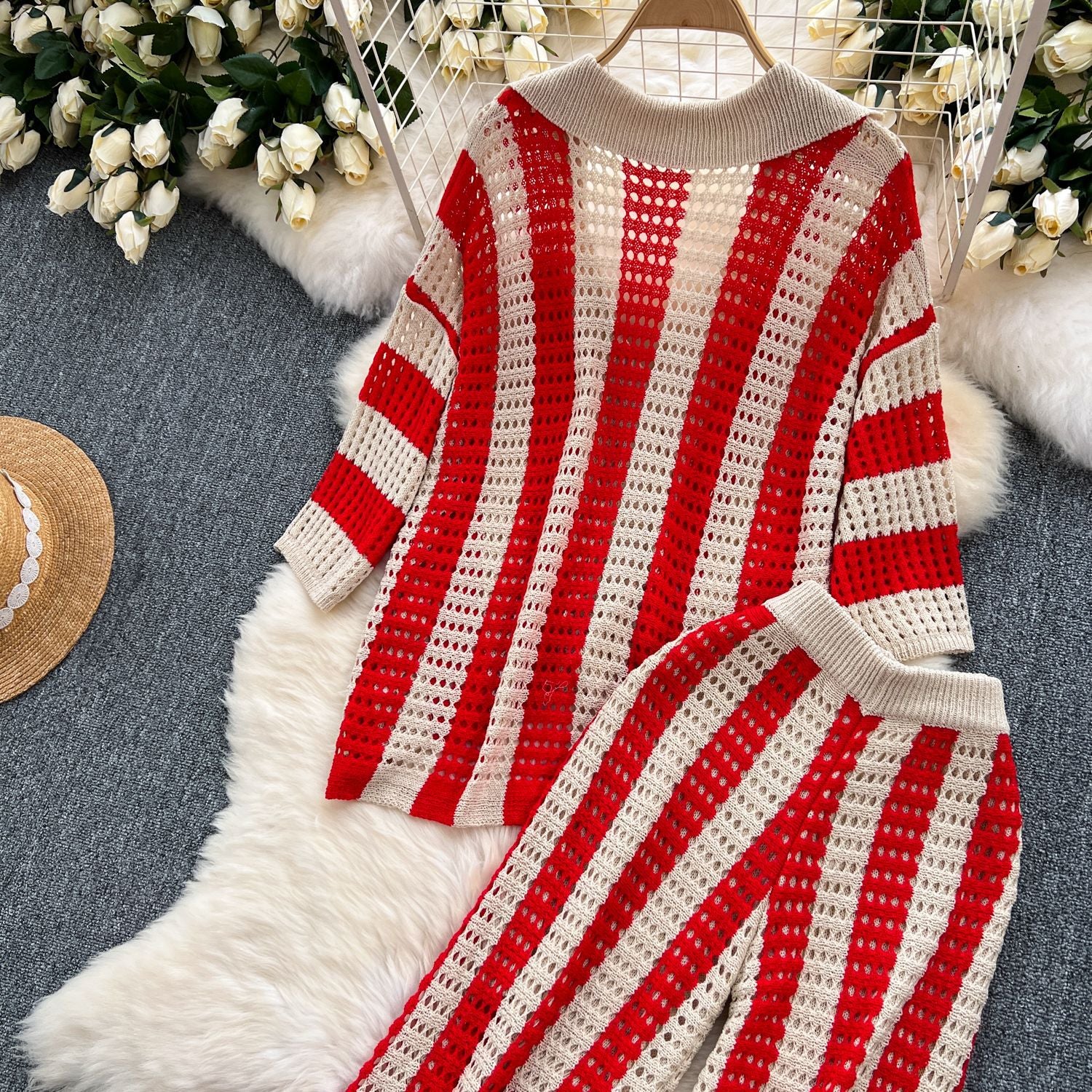 Women's Summer V-Neck Loose Knit Cardigan Top + Wide-Leg Pants Set Color-Block Striped Hollow-Out Outfit 28