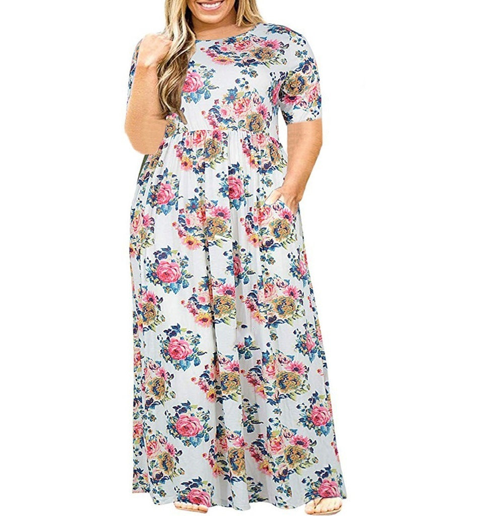 Summer Women's Short Sleeve Round Neck Solid Plus Size Dress Print Maxi Dress 12