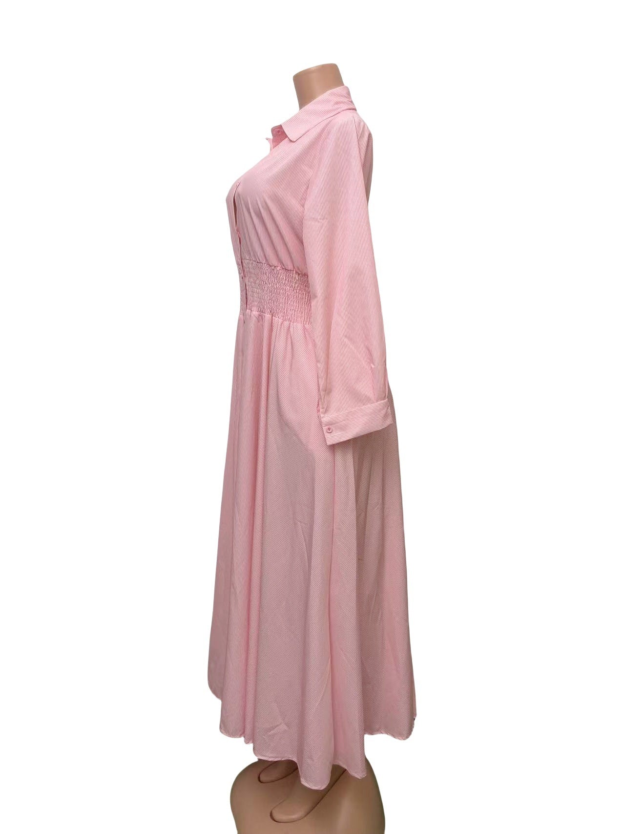 Striped Turndown Collar Long-Sleeve Button Slim Waist A-Line Gown 8