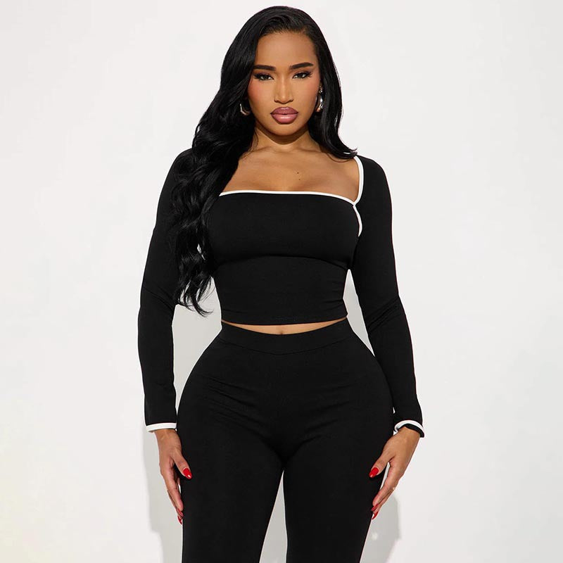 Women's Autumn Winter Solid Color Patchwork Color Block Trim Long Sleeve Top Slim Pants Set 14