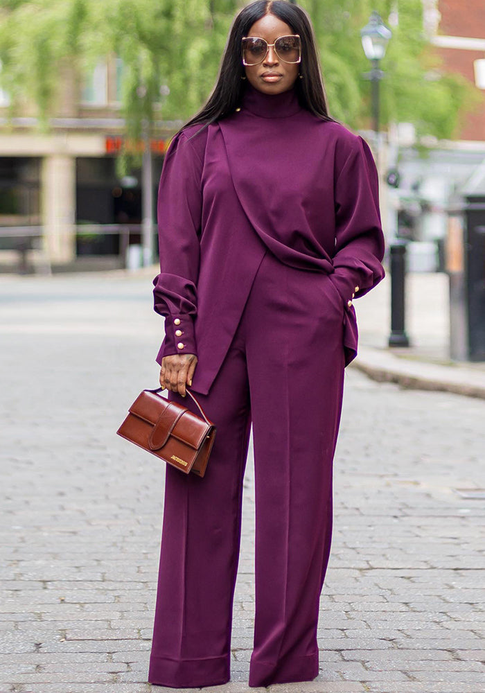 Women Turtleneck Irregular Slit Long Sleeves Top and Pant Casual Two-Piece Set