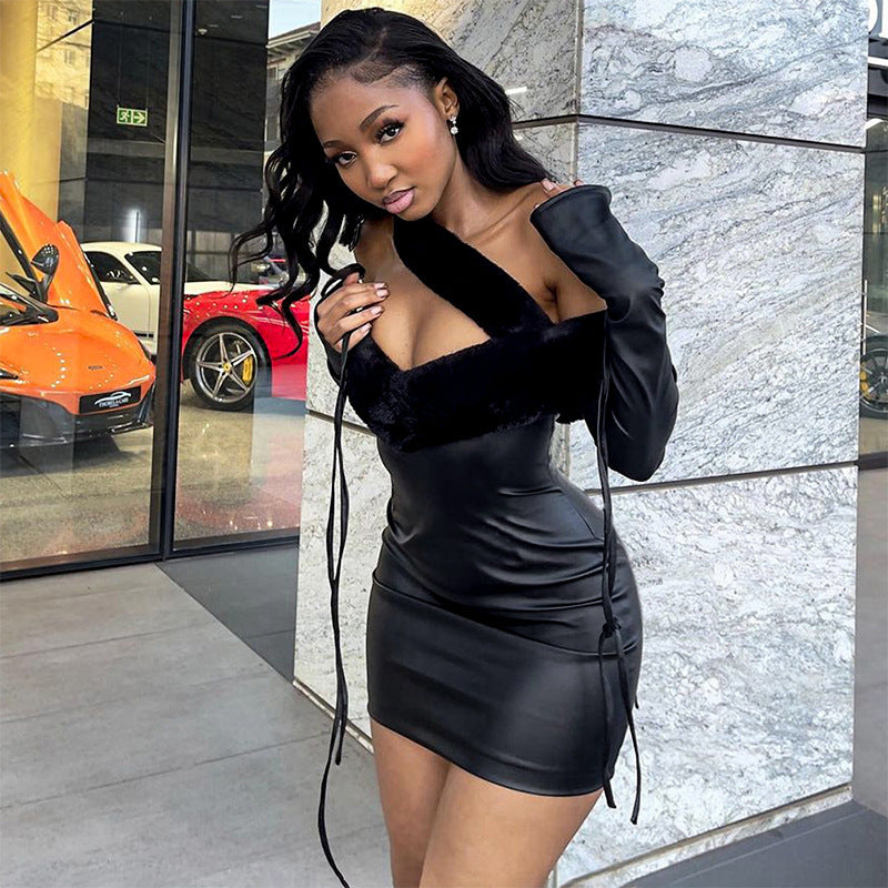 Autumn And Winter Fashionable Women's Clothing Fleece Patchwork Off Shoulder Pu Leather Bodycon Dress 3