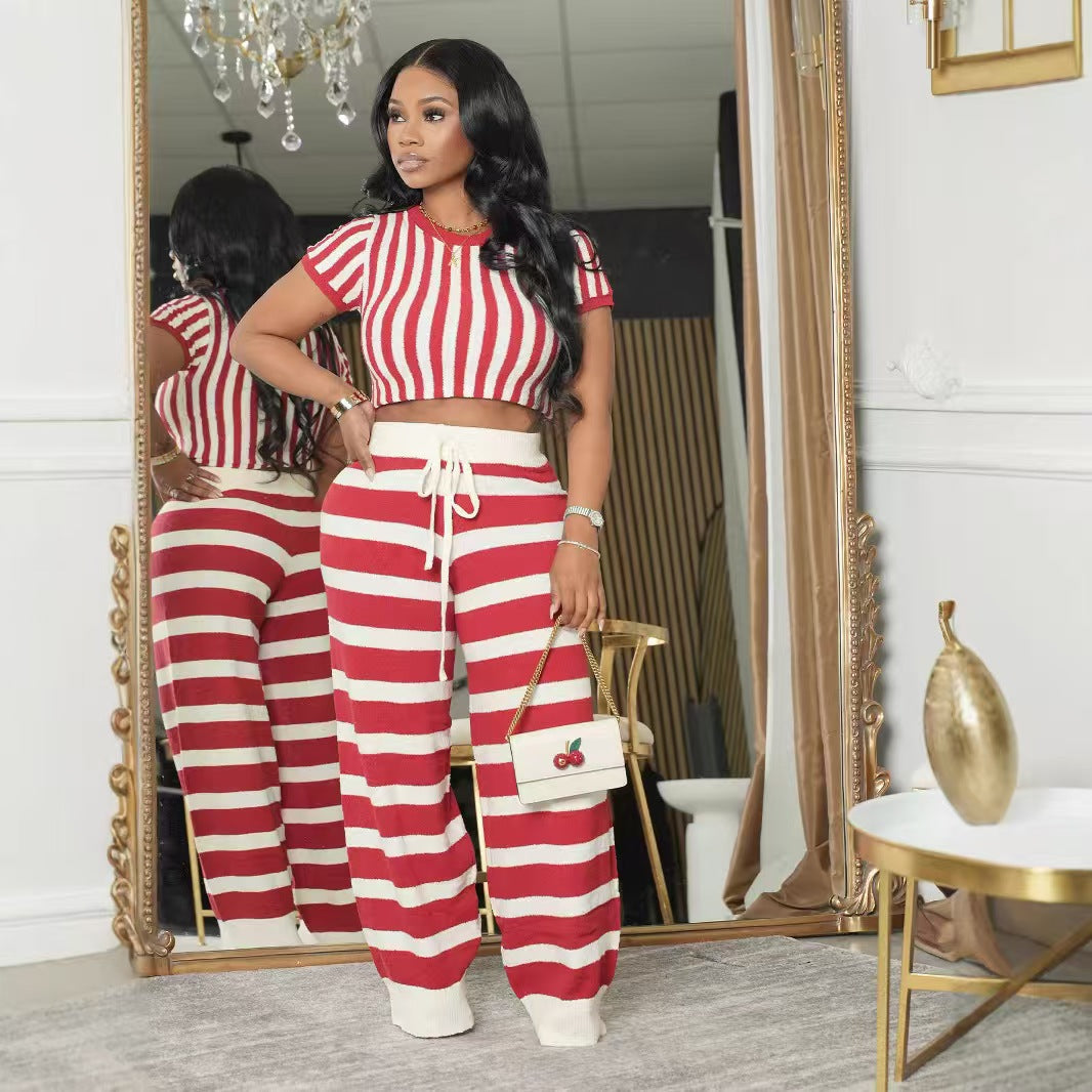Stripe Round Neck Short Sleeve Top & Pants Set 3