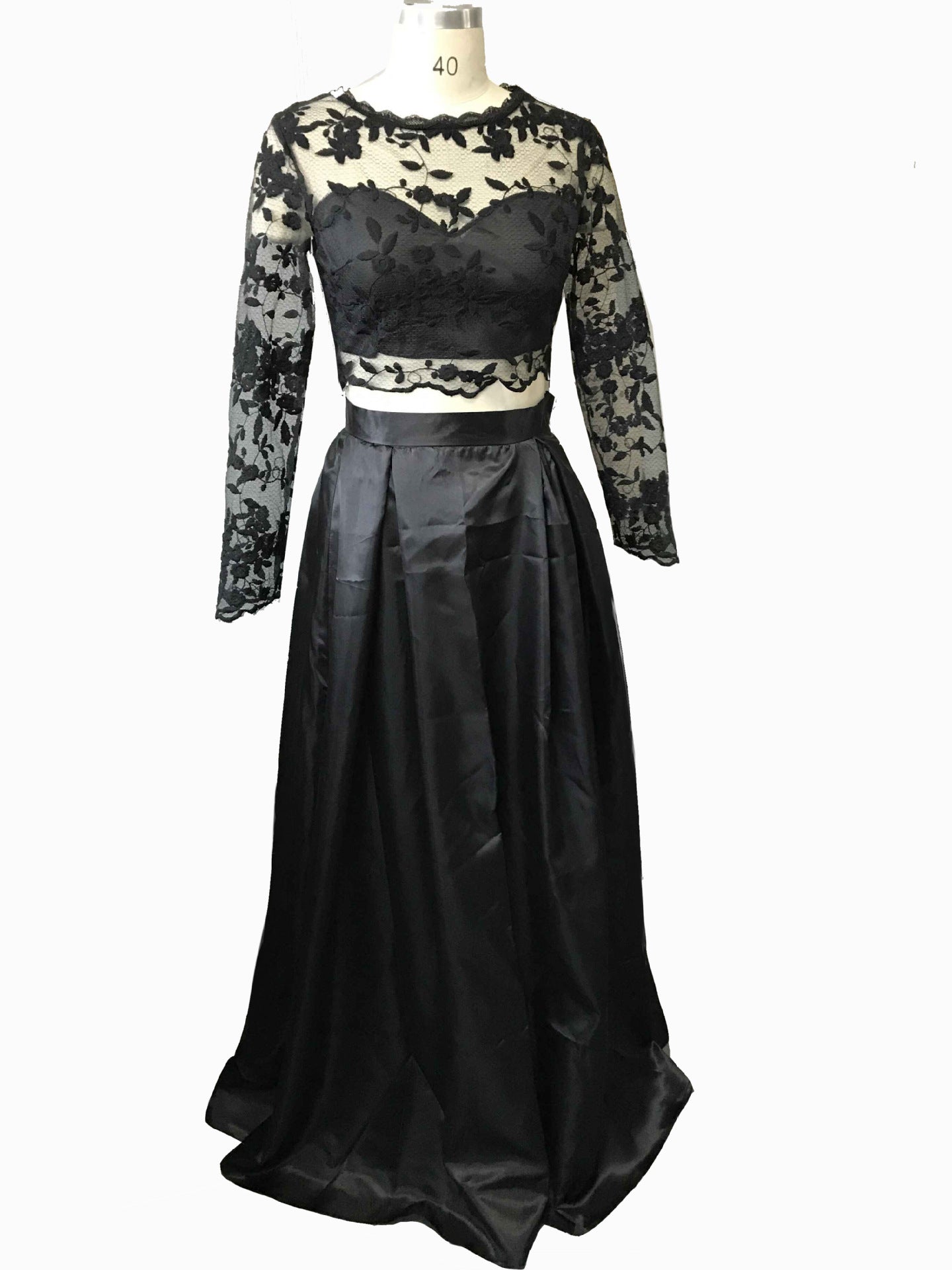 Elegant Black lacemesh Embroidered Long Sleeve Two-Piece Party Skirt Set 5