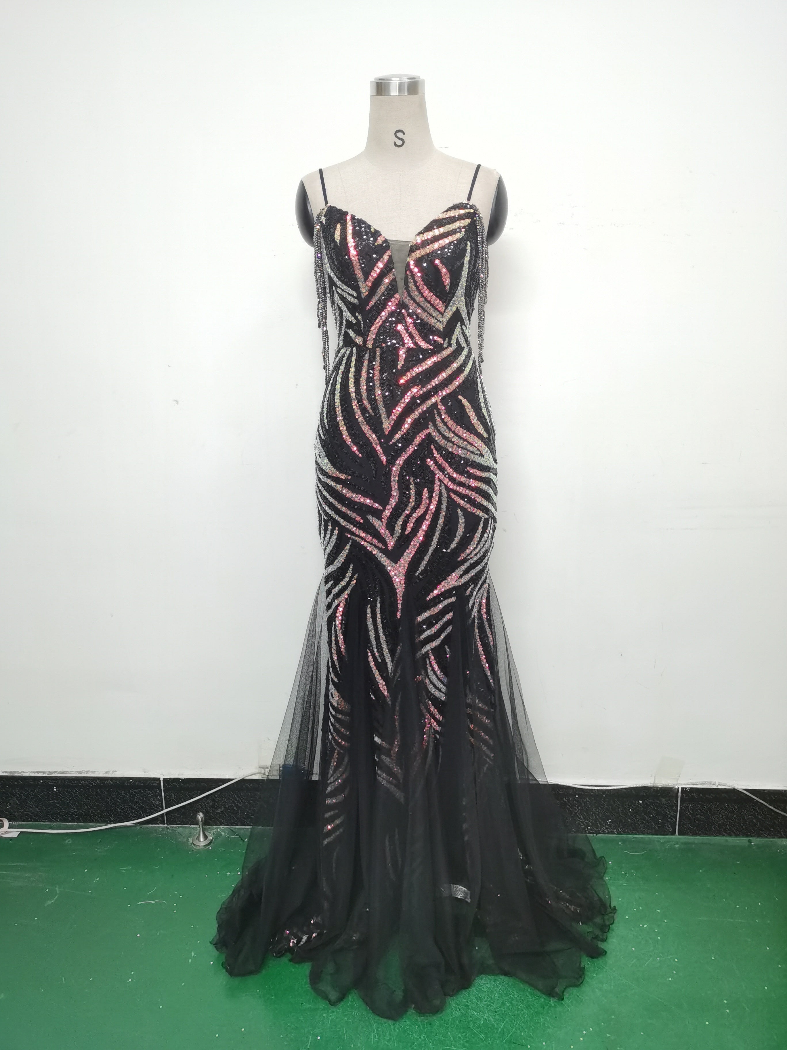 Sequin Patchwork Mesh strap luxury evening dress 28