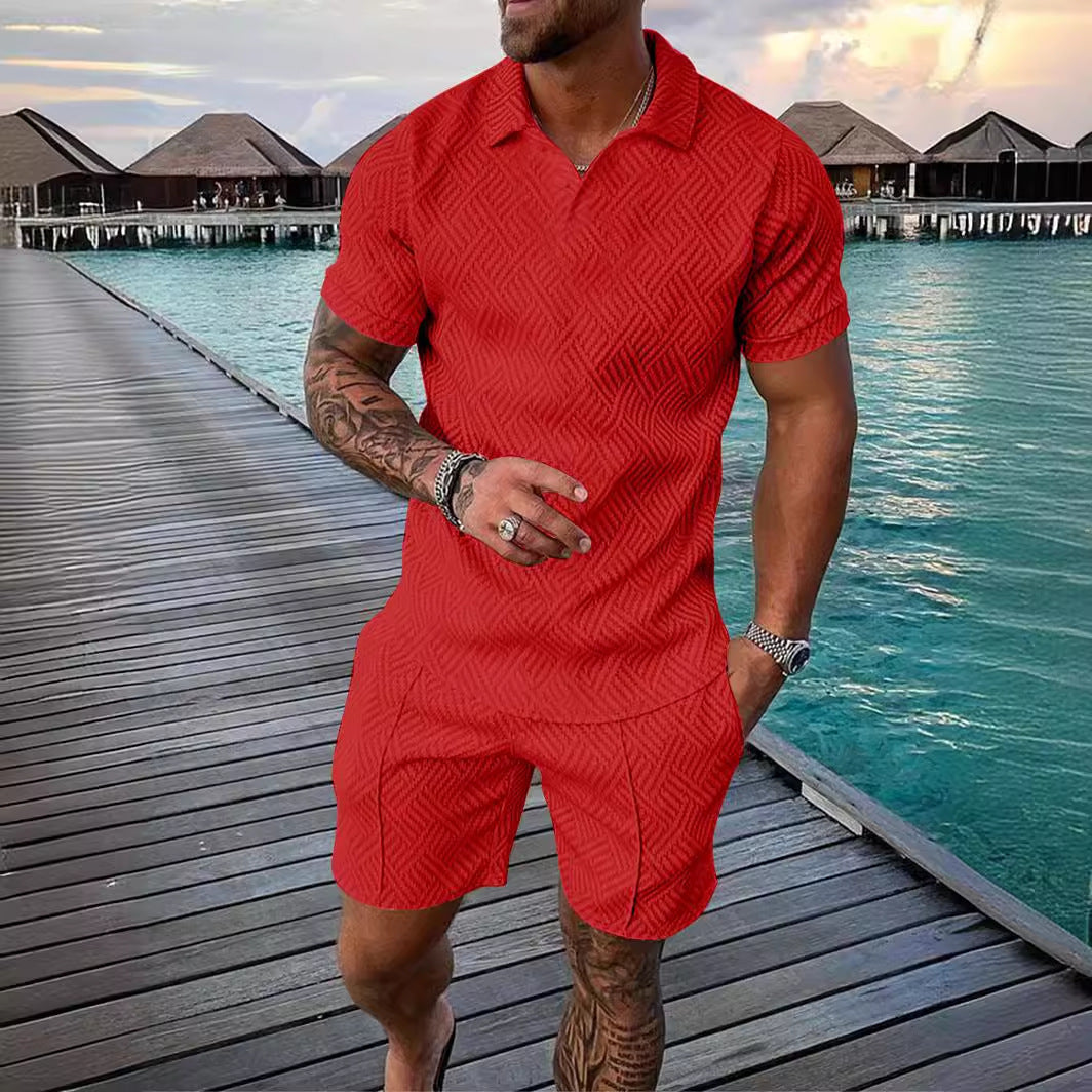 Men's Summer Fashion Casual Printed Turndown Collar Polo Shirt Shorts Two Piece Set 20