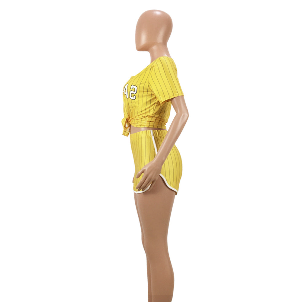 Women Sexy Women Striped Letter Baseball Top and Skirt Two-piece Set 32