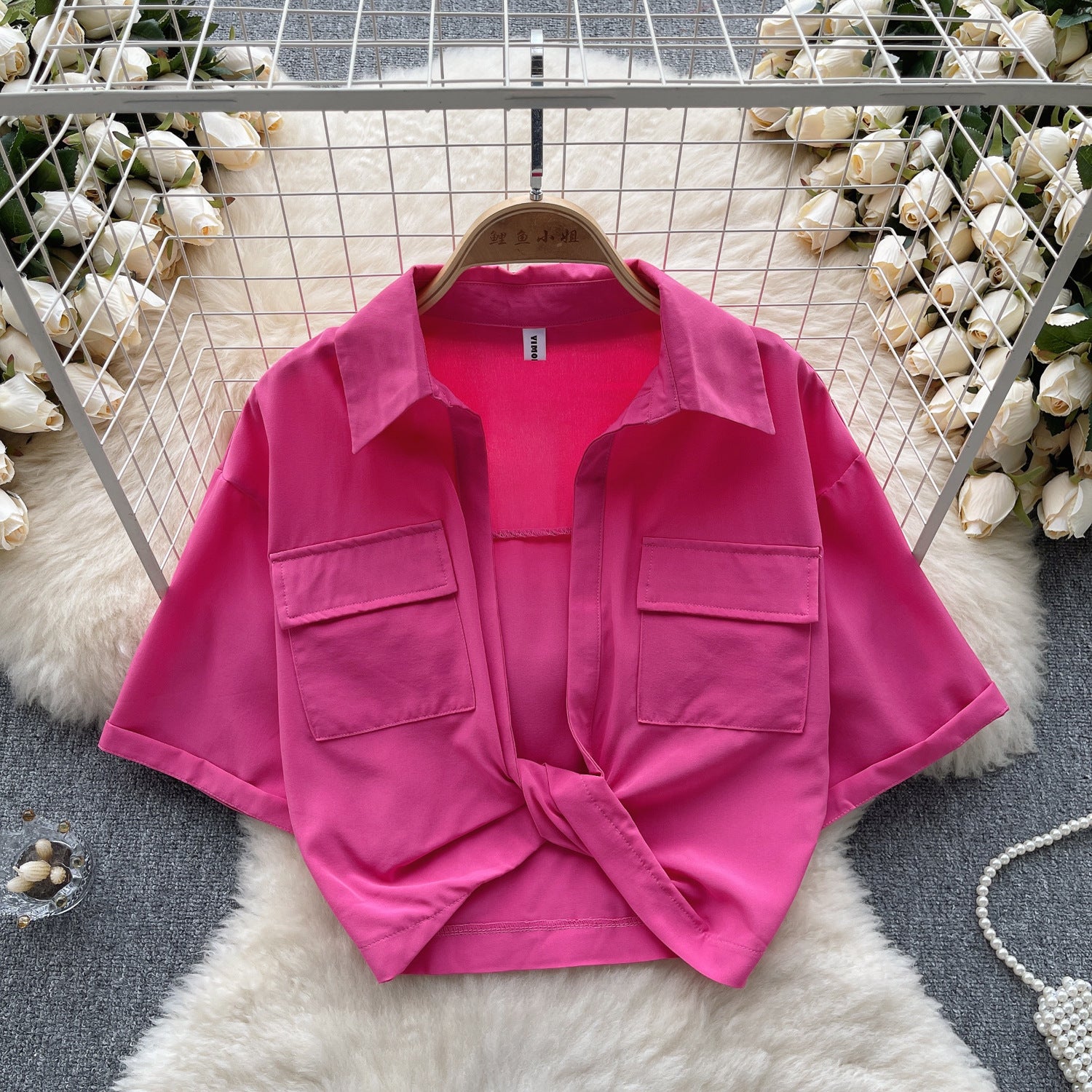 Women Turndown Collar v-neck Knot short-sleeved Crop Top 9