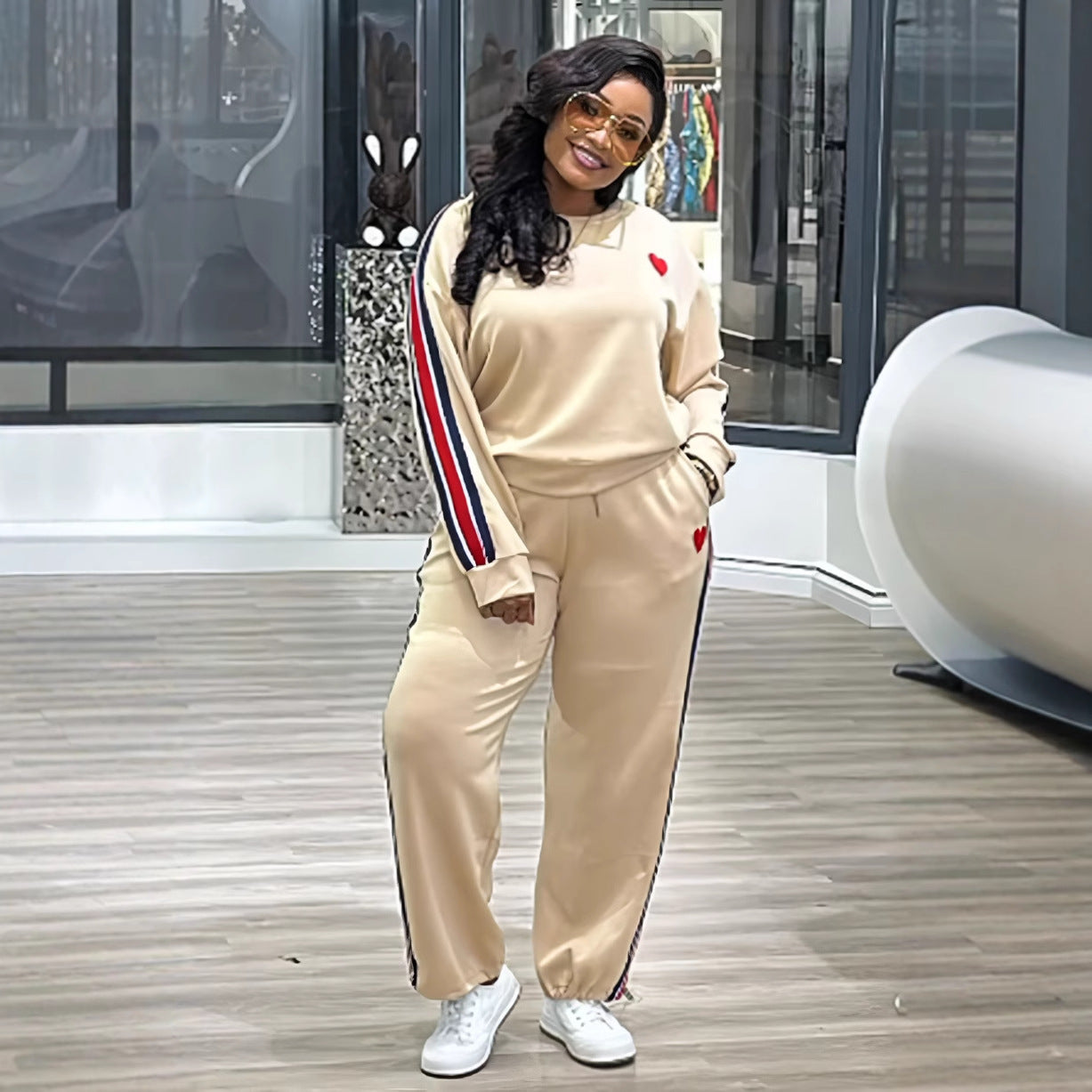 Women Patchwork Contrast Ribbon Top and Pants Two Piece Set 3