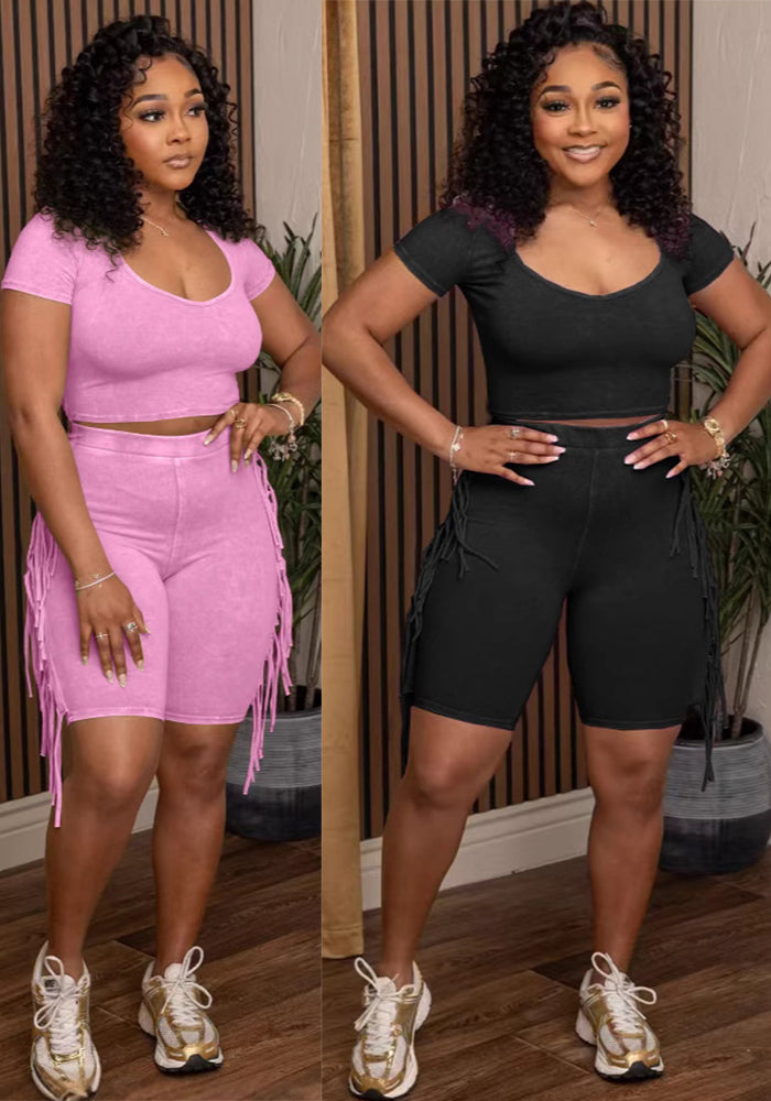 Fashionable Women's Solid Color Short Sleeve Tassel Elastic Shorts Set