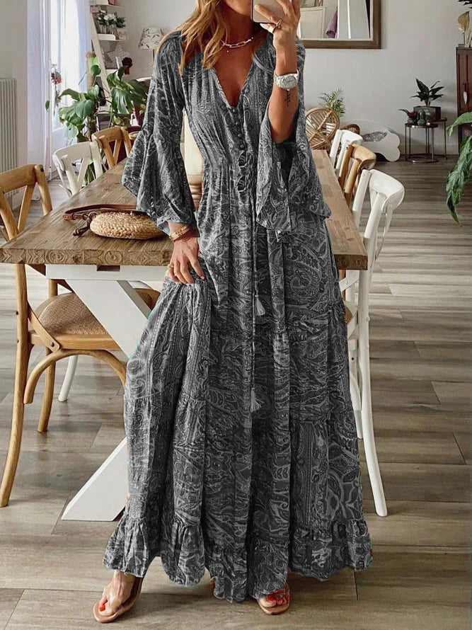 Women Boho Bell Bottom Sleeve Printed V Neck Holidays Maxi Dress 7