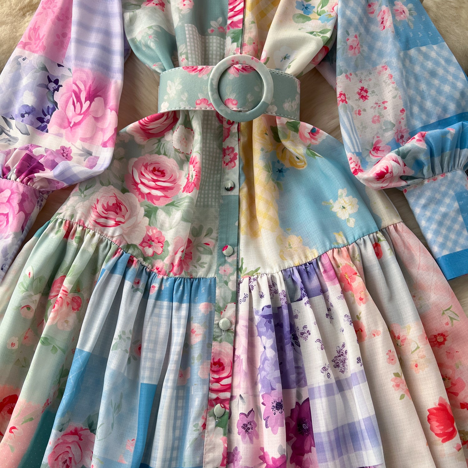 Women Stand Collar Lantern Long Sleeve Ruffle Printed Dress 12