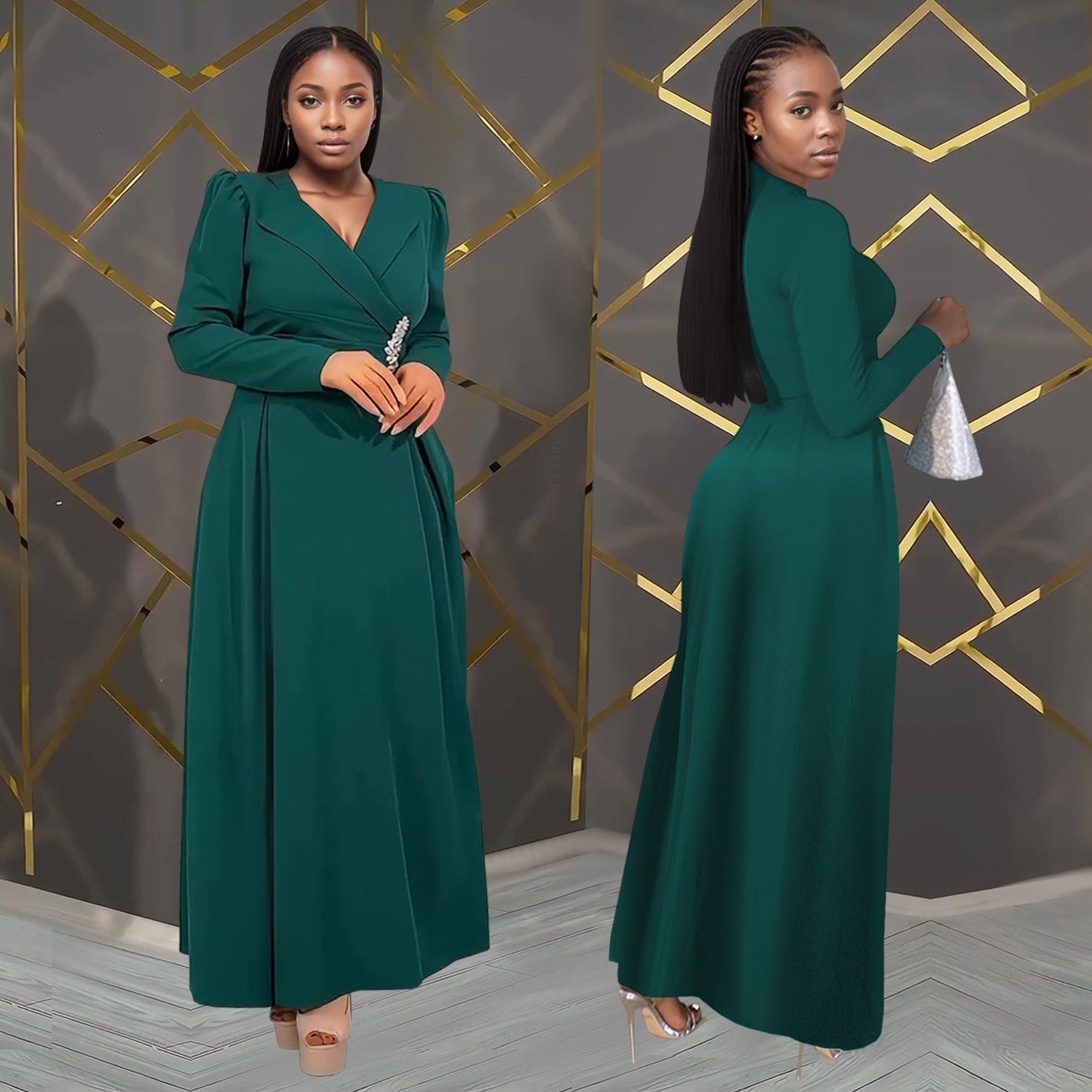 Women Cross Turndown Collar Long Sleeve Dress 4