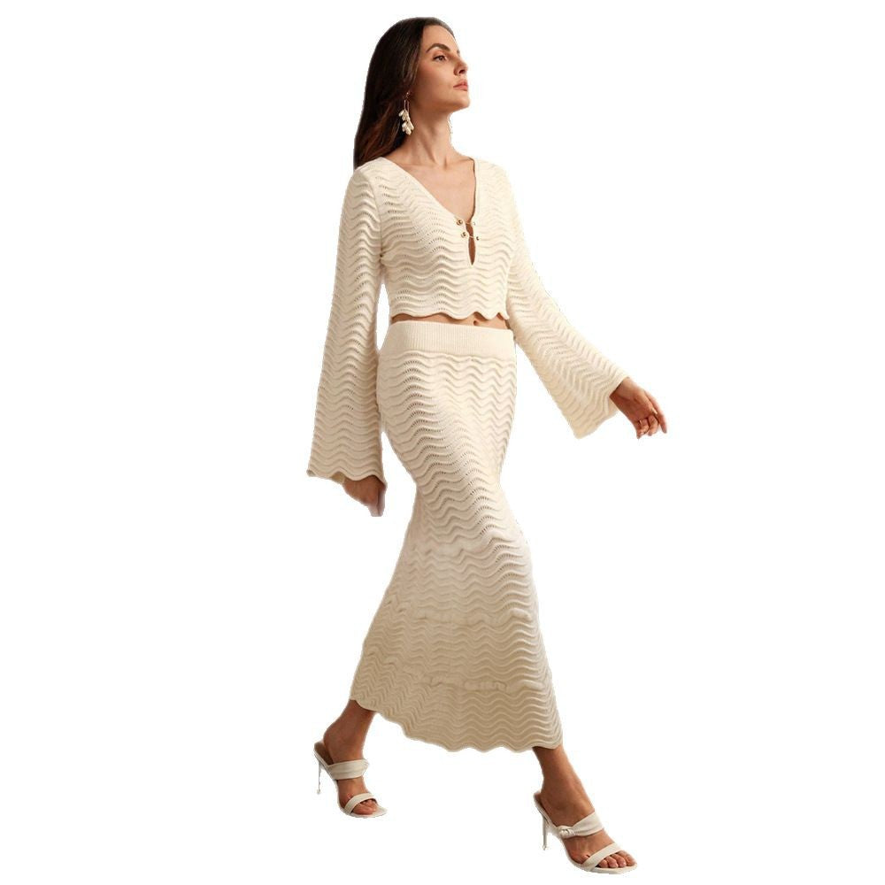 Women Solid Sexy Crop Knitting Top and Skirt Casual Holidays Two-piece Set 5