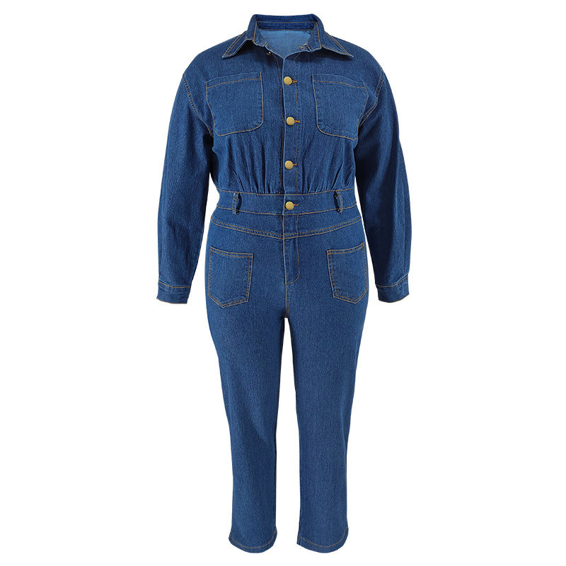 Plus Size Women Denim Long Sleeve Turndown Collar Jumpsuit 5
