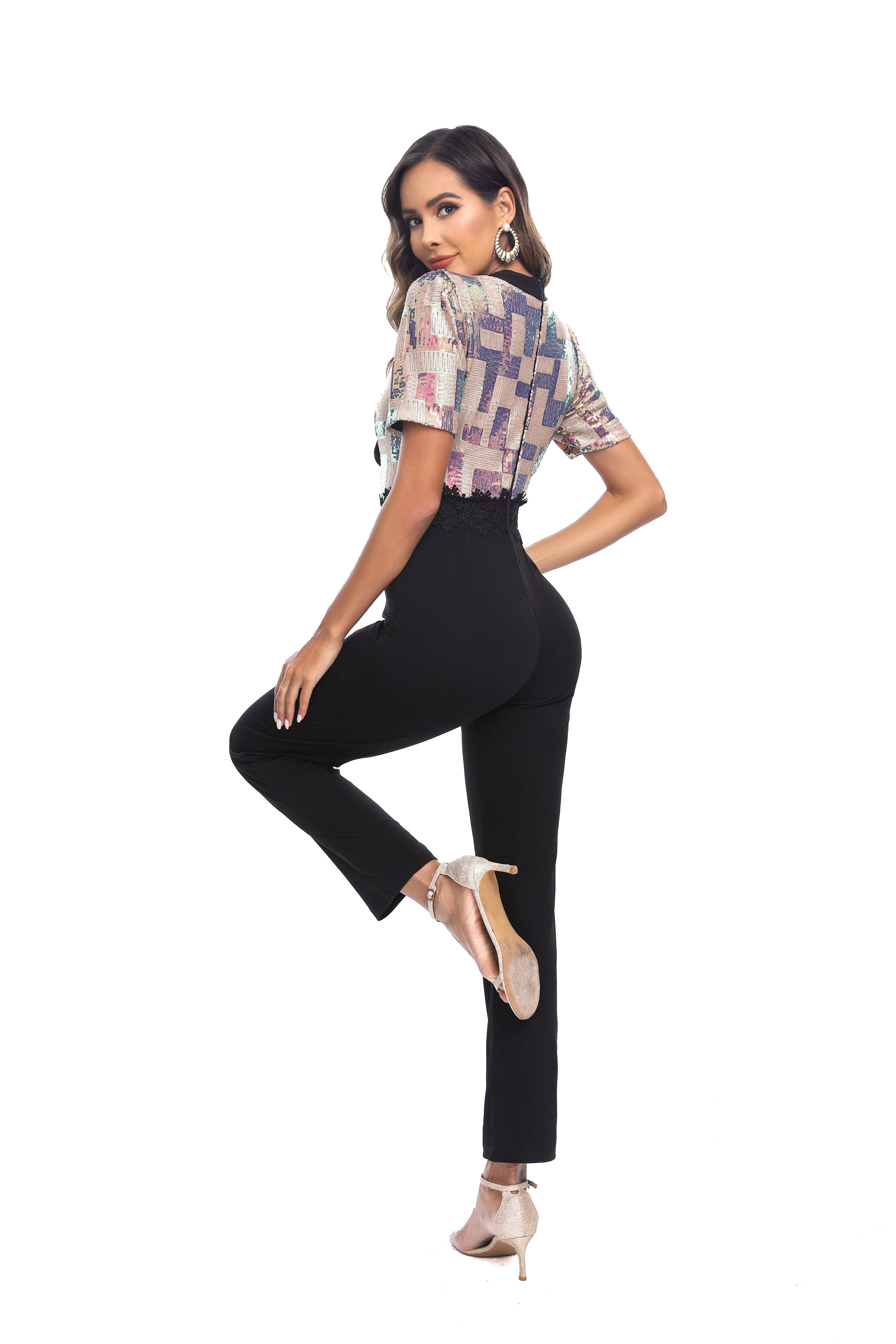 sexy plaid sequins patchwork short sleeve forma jumpsuit 5