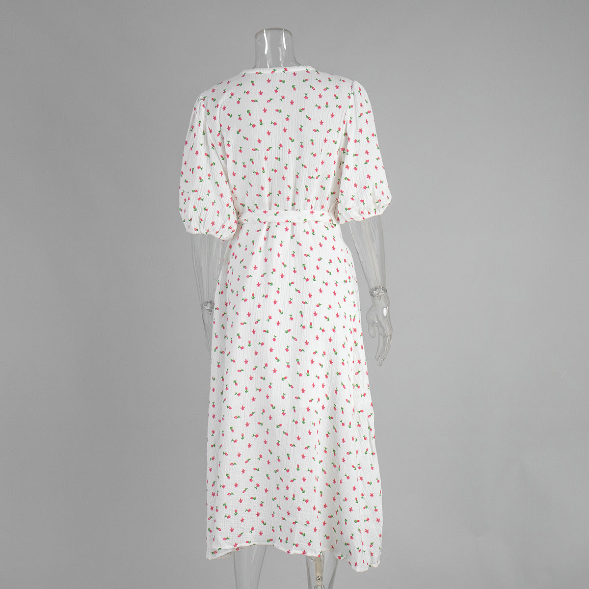 Cotton Floral Print Summer Lace-Up Bubble Sleeve Maxi Dress 5