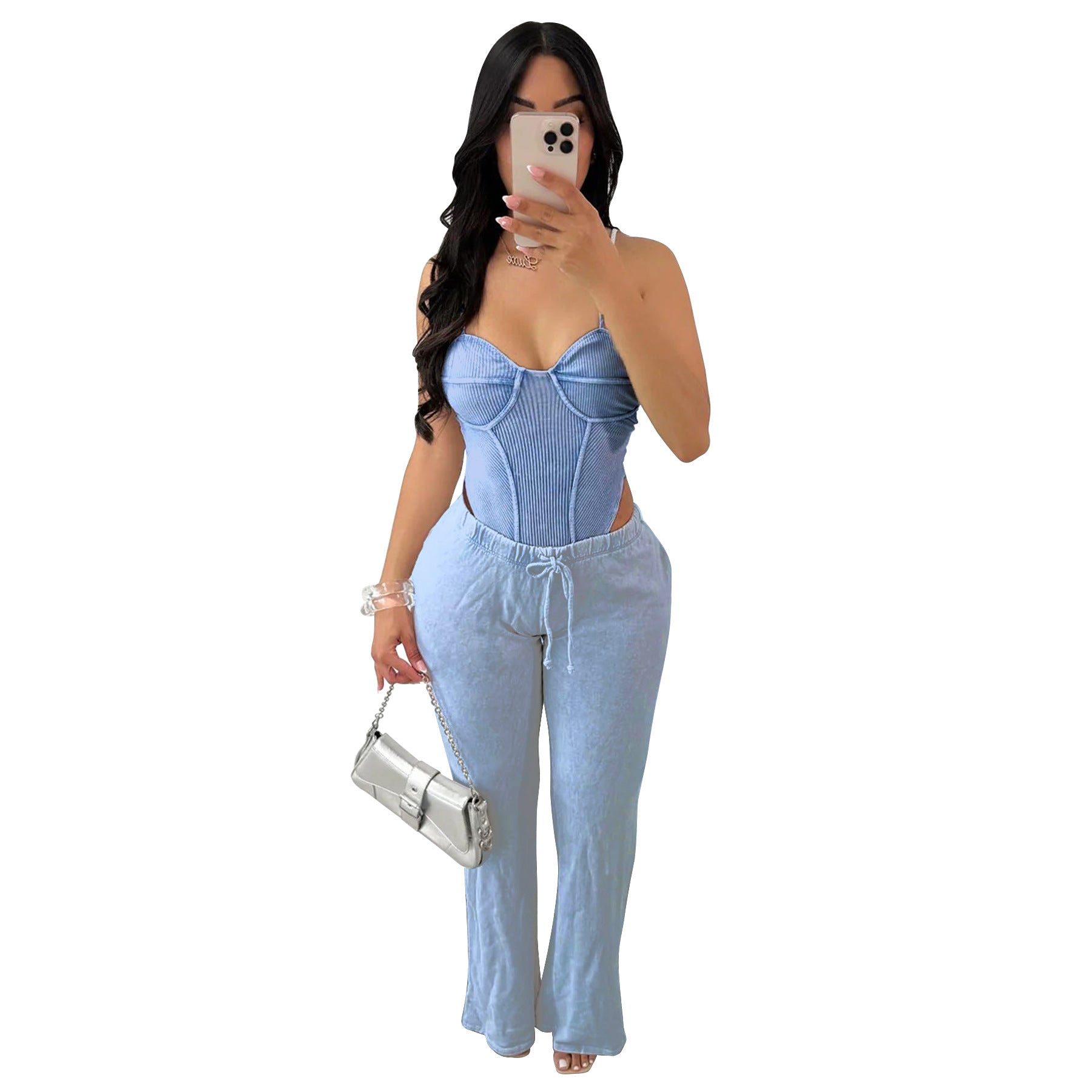 Women Sexy Cotton Washed Strapless Top and Pant Two-Piece Set 40