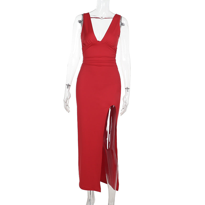 Strap Sexy Slim Waist v-neck slit vest Long dress 8