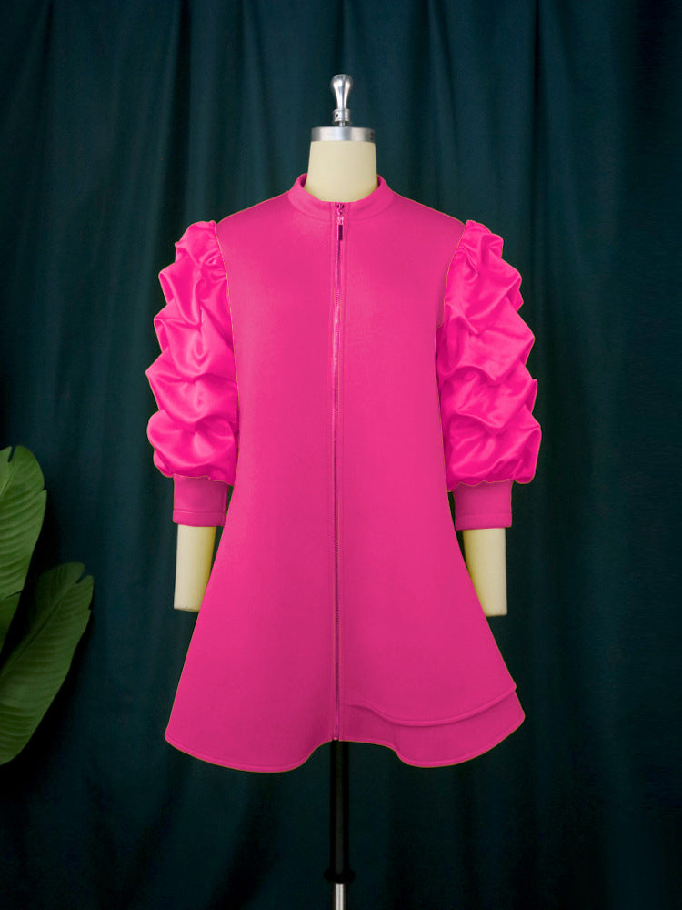 Plus Size Women's Career Stand Collar Pleated Sleeve A-Line Dresses 9