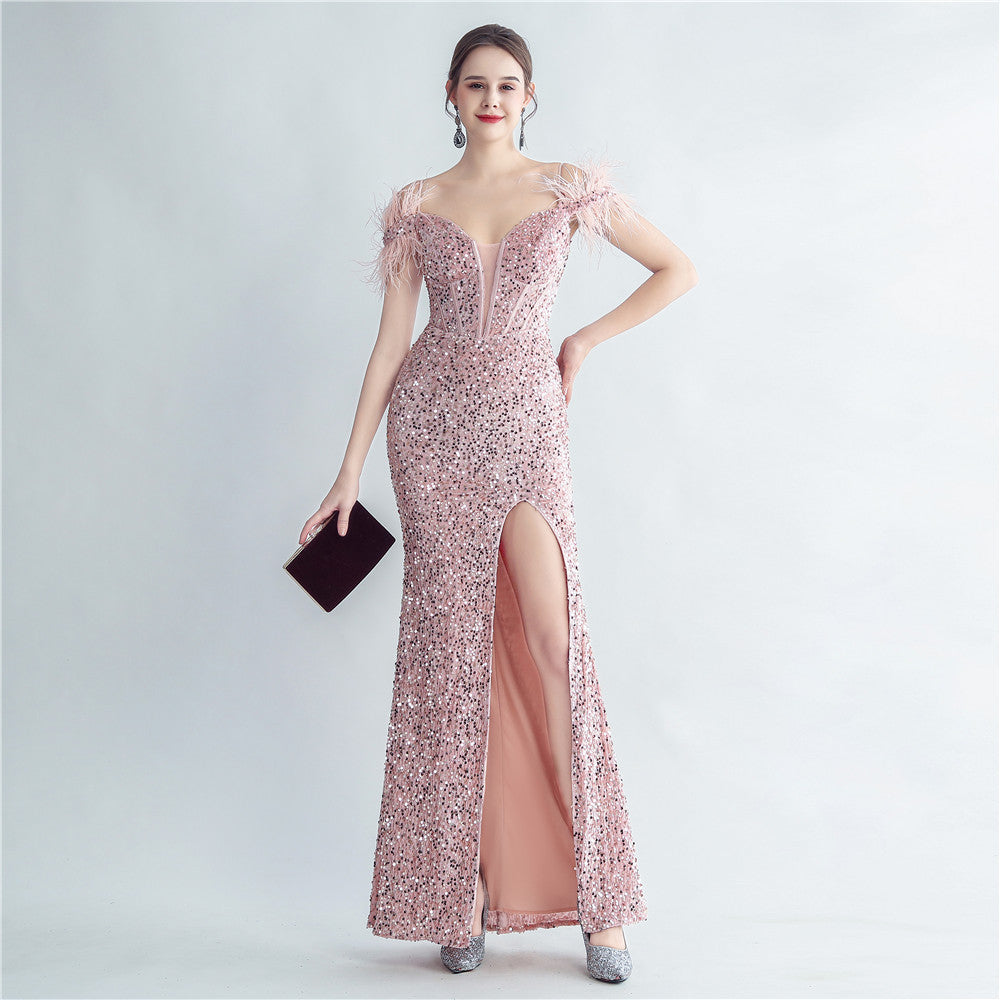 Women Herringbone ostrich velvet sequined mermaid evening dress 5