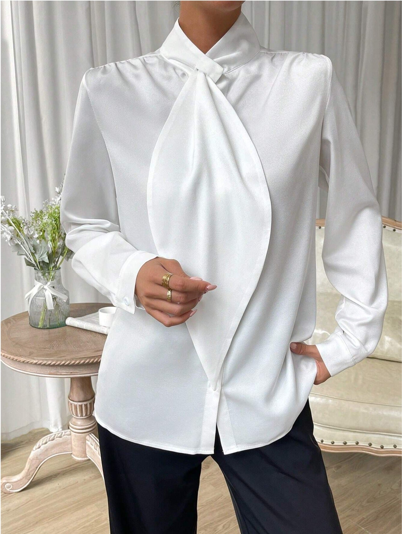 Women Spring Long Sleeve Ribbon Shirt 8