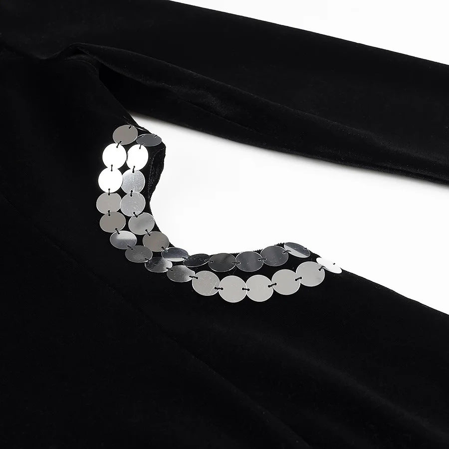 Women's Fashionable Round Neck Padded Shoulder High Slit Open Waist Black Long Dress 14