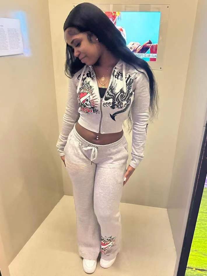 Women Autumn Casual Zipper Printed Top and Pant Two-piece Set 5