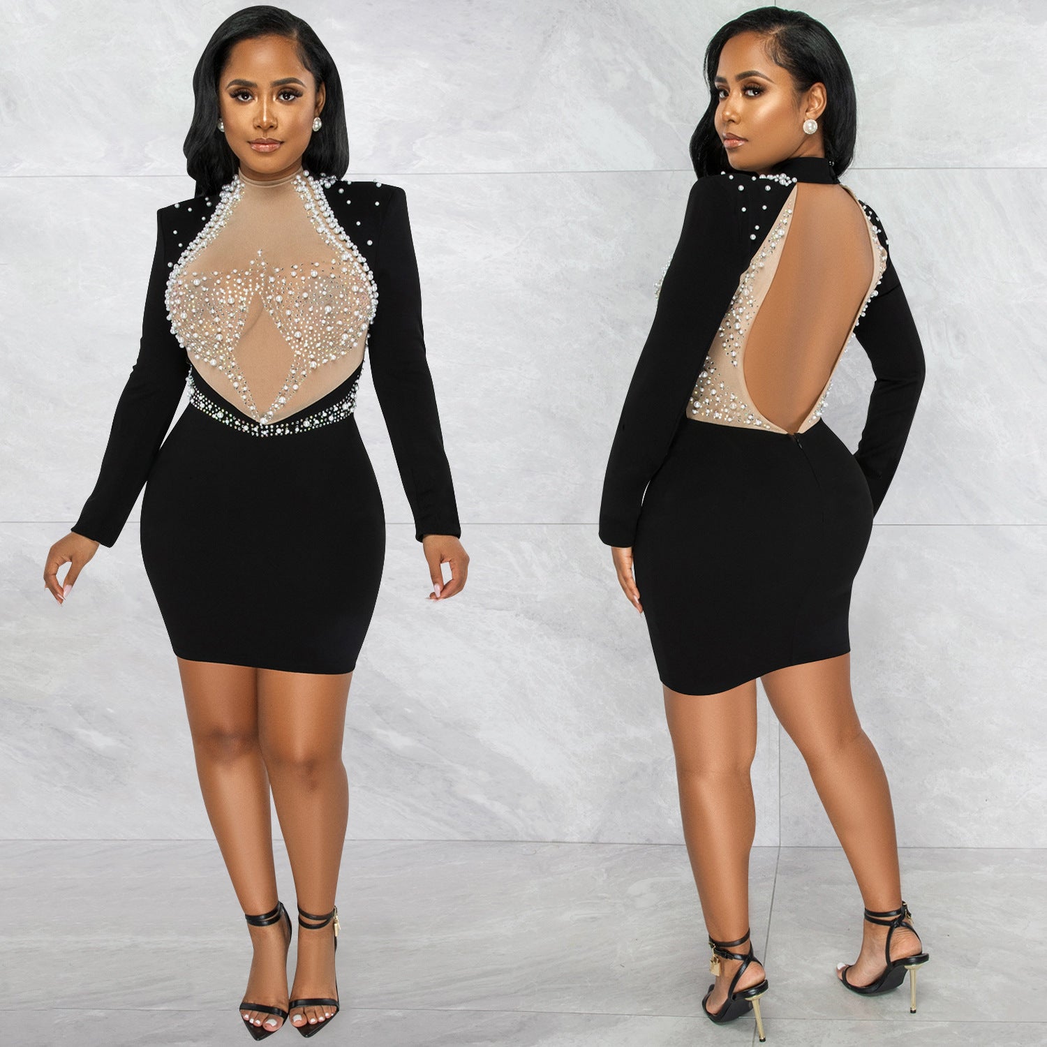 Fashion Sexy Nightclub Beaded Mesh See-Through Bubble Beads Low Back Long Sleeve Mid Skirt Dress Women 6