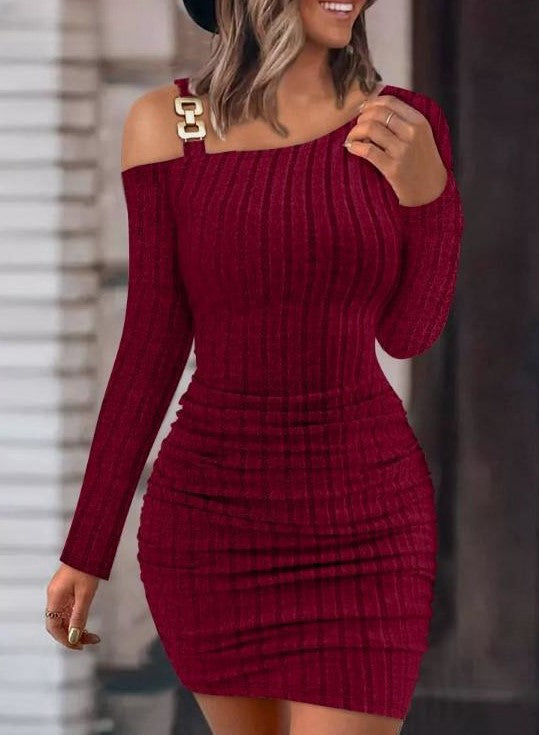 Autumn And Winter Solid Color Metal Buckle Slash Shoulder Tight Fitting Sexy Long-Sleeved Bodycon Slim Dress For Women 4