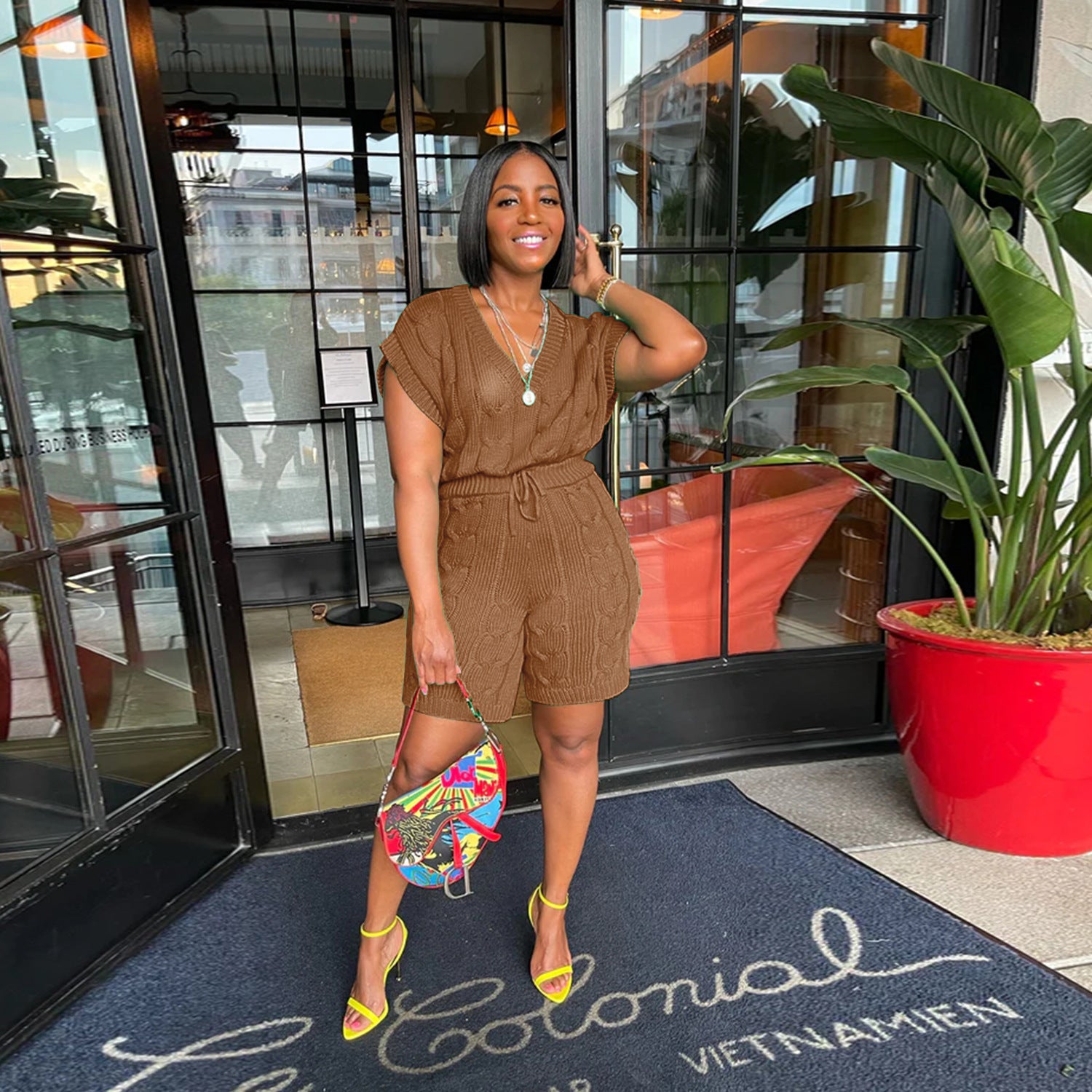 Sexy Solid Deep V Neck Sleeveless Loose Sweater Slim Shorts Two Piece Set 12