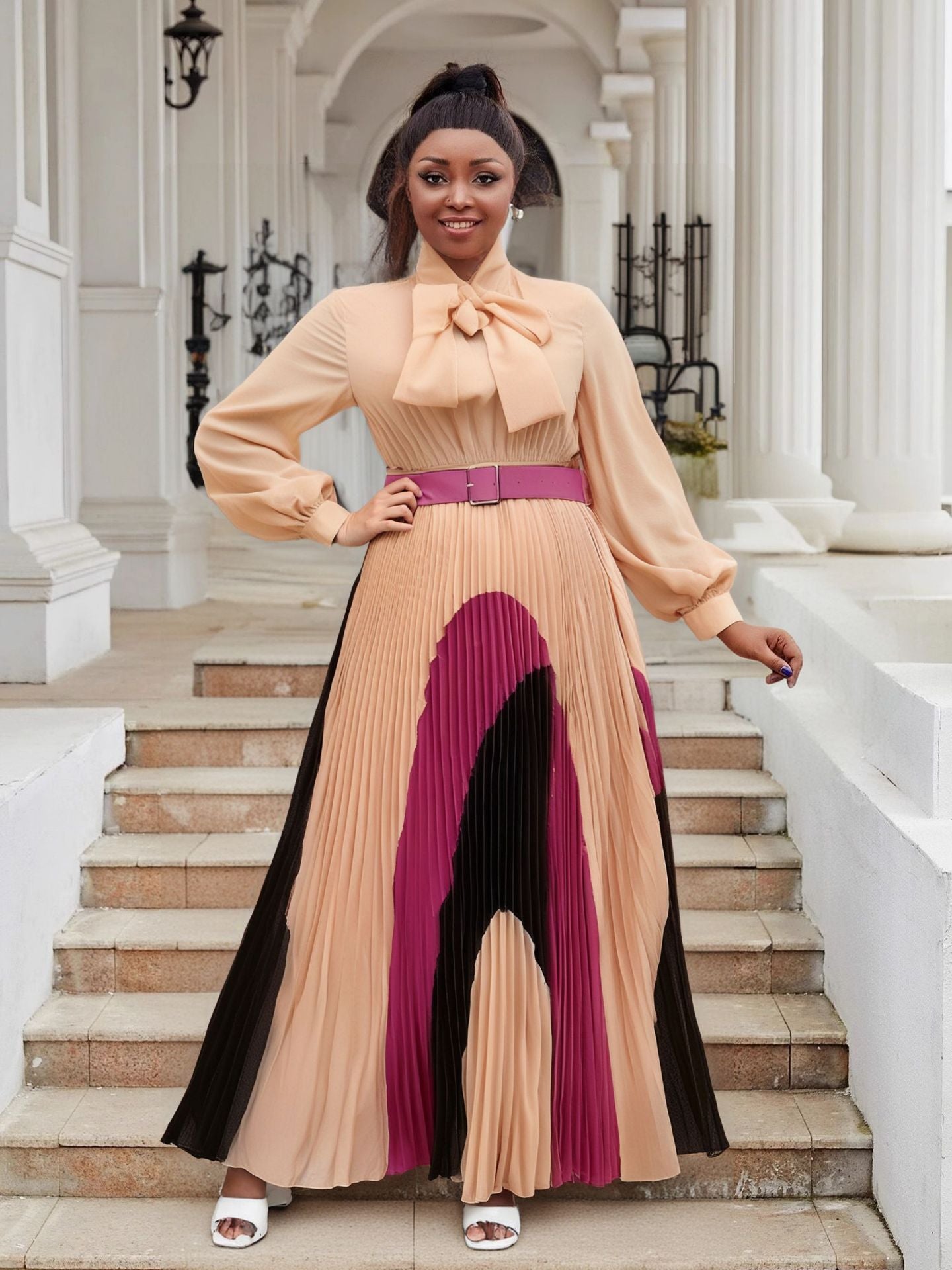 Plus Size Women lace-up long sleeve color matching pleated dress 9