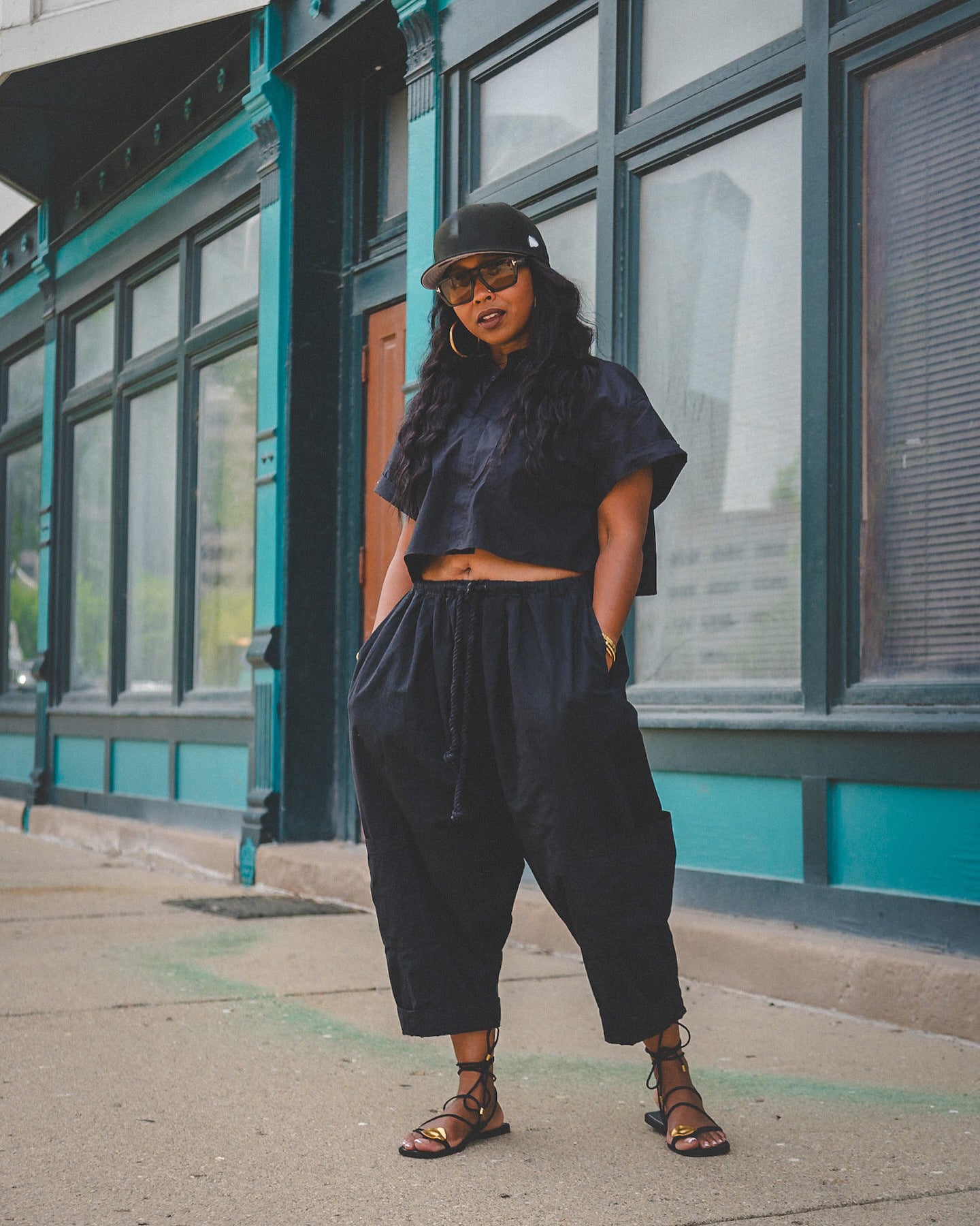 Summer women's fashion loose wide-leg cargo pants turndown collar top casual two-piece set 3