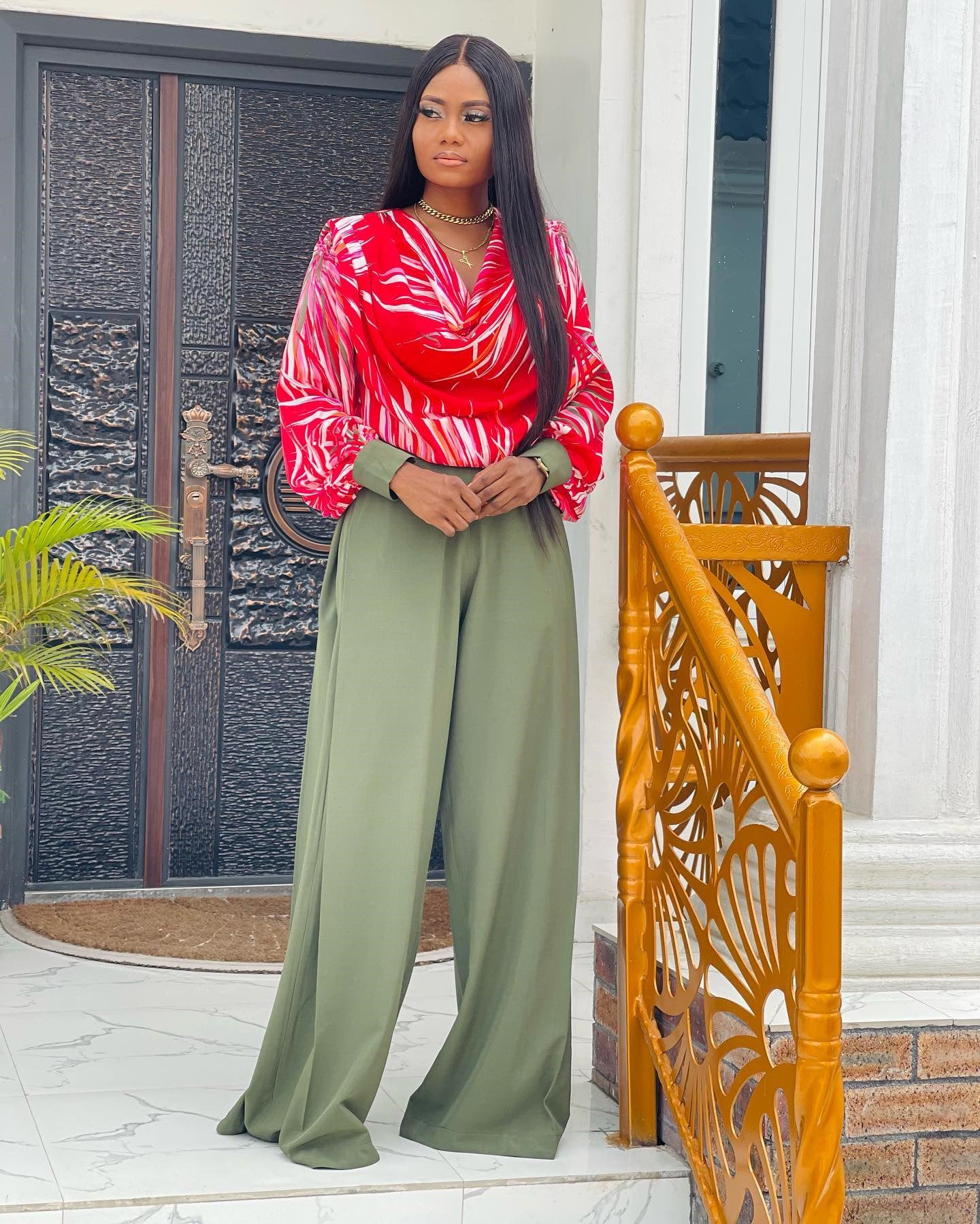 Women Autumn Printed Balloon Sleeve Shirt and Wide-leg Pants Casual Two-piece Set 4