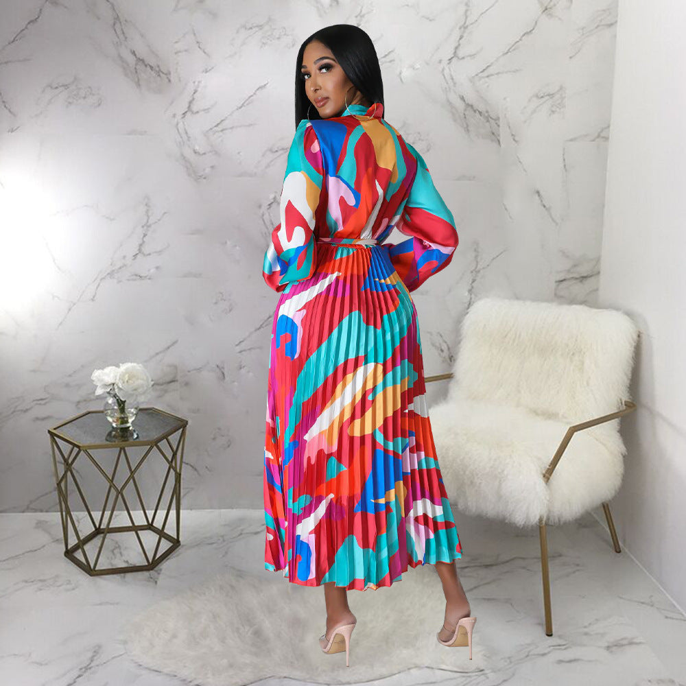 Women's Tie Long Sleeve Printed Pleated Dress 54