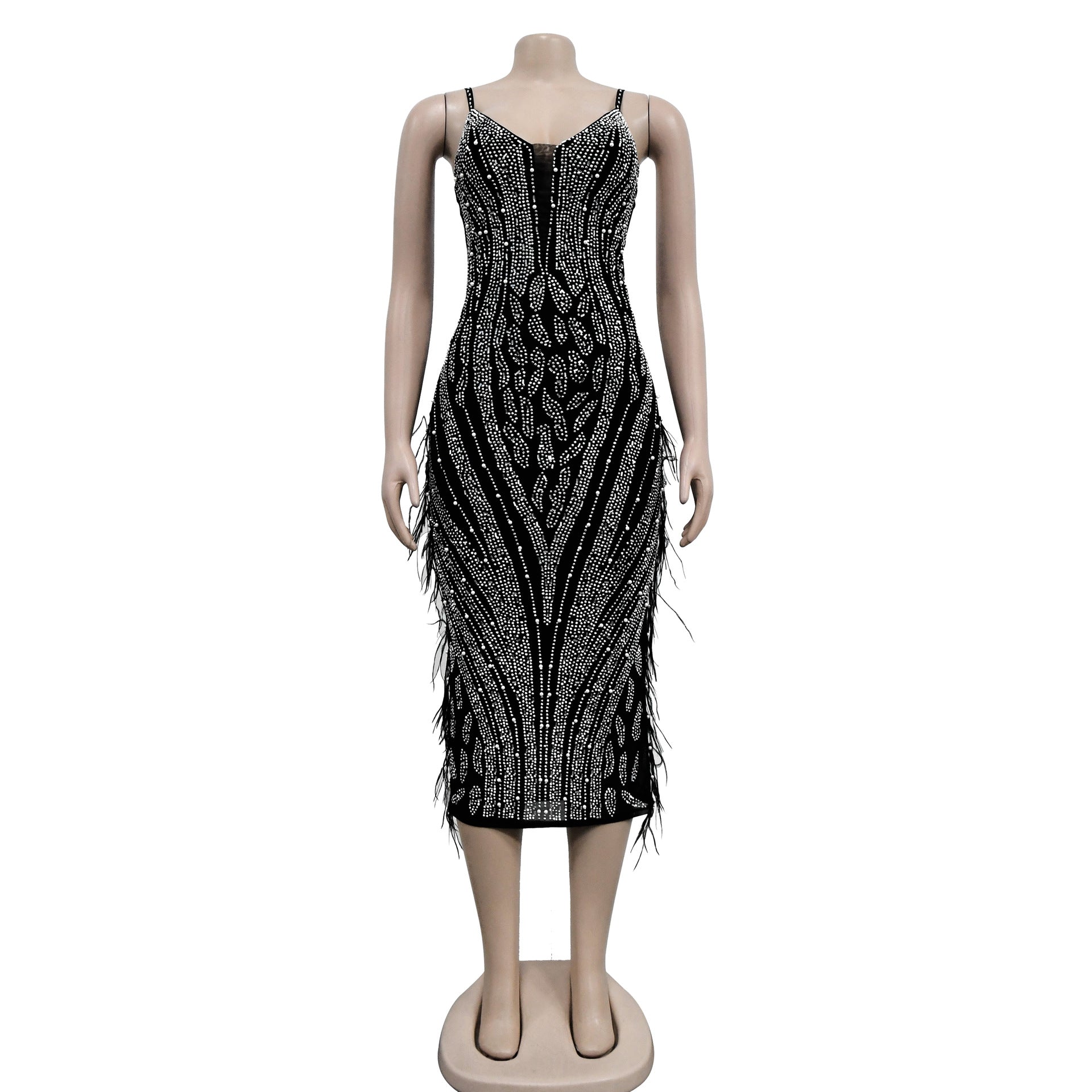 Women's Fashion Solid Color Camisole Sleeveless Mesh Beaded Maxi Dress 11