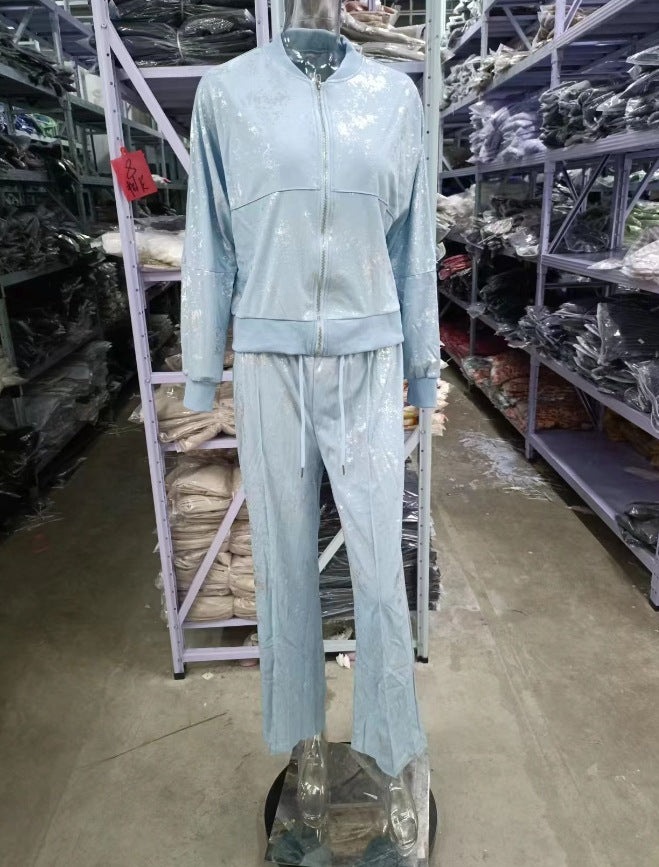 Women summer sequin print zipper casual top and pant two-piece set 15