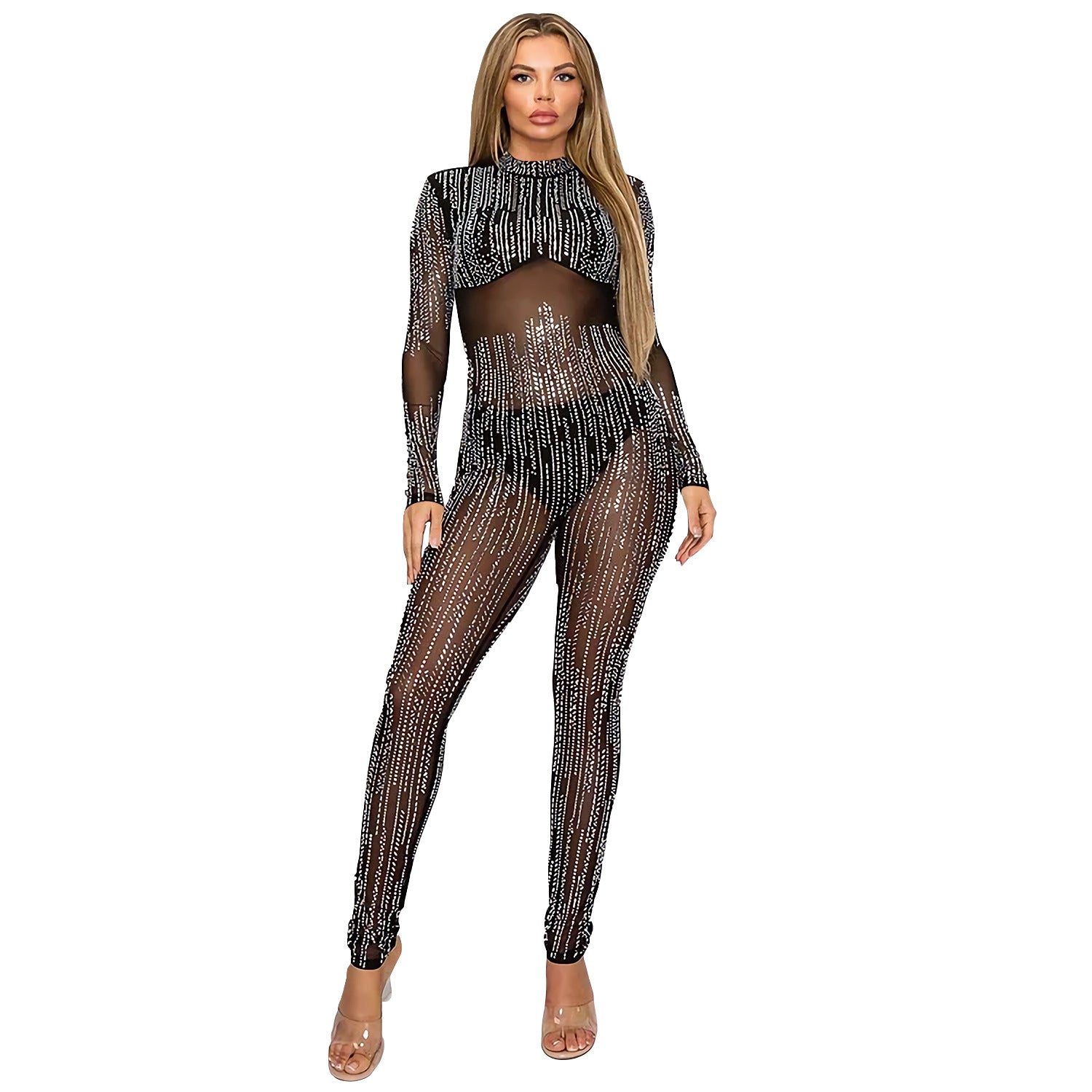 Fashion Sexy Beaded See-Through Mesh Party Jumpsuit 8