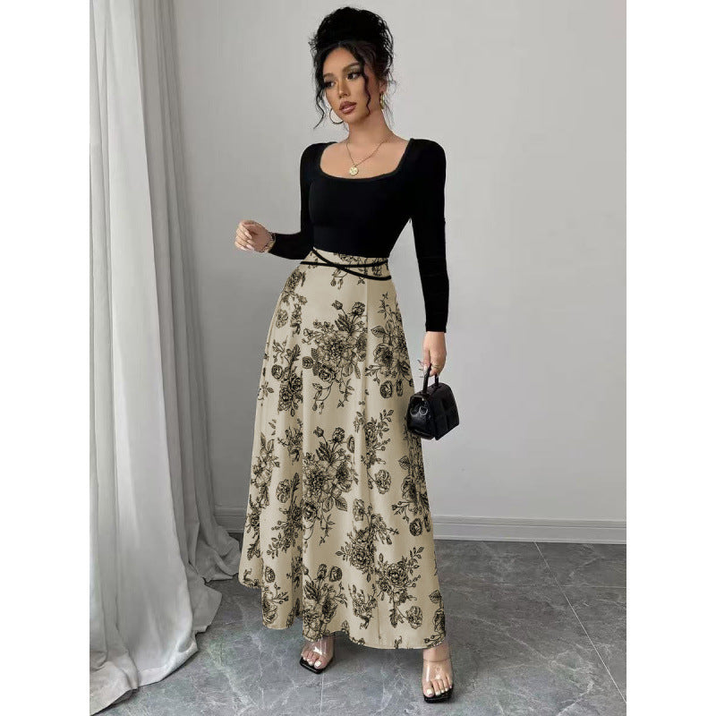 Women's Elegant Floral Print Square Neck Patchwork Tie-Waist Dress 5