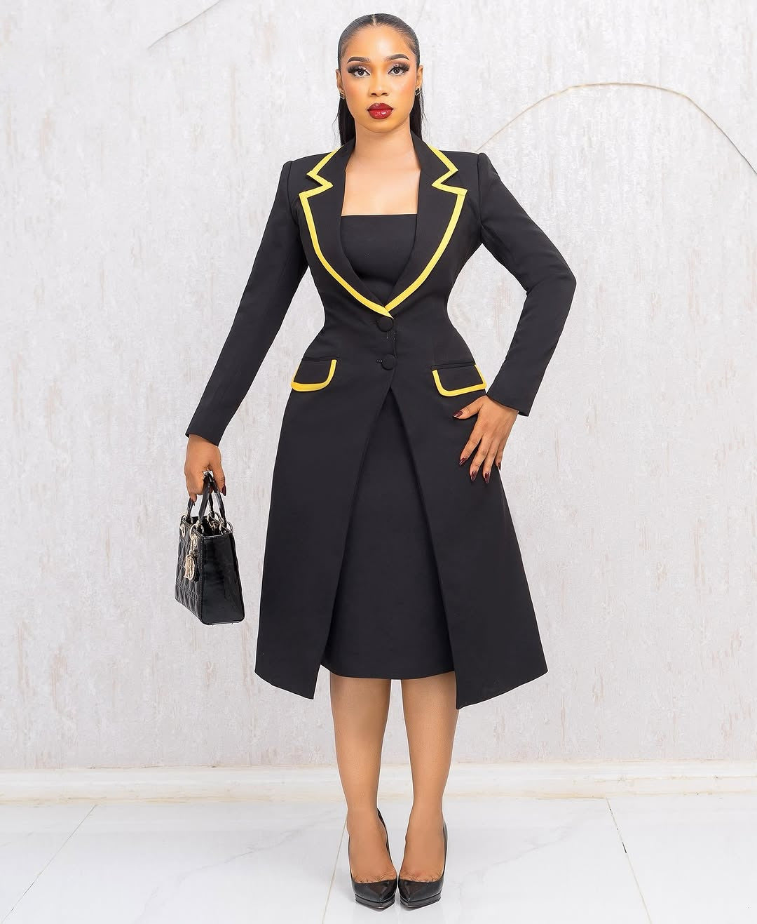 Women Elegant Turndown Collar Stretchy Blazer Dress Two-Piece Set 3