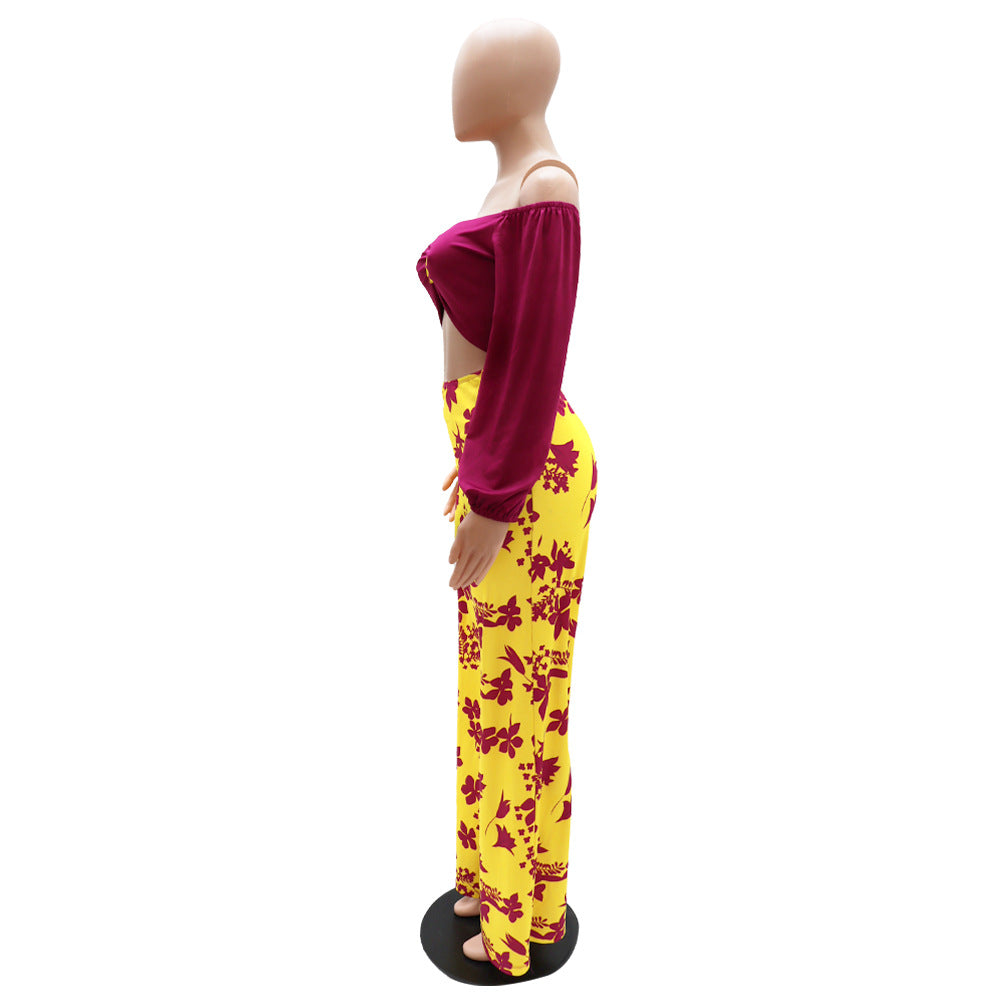 Patchwork Off Shoulder Long Sleeve Fashion High Waist Print Hollow Out Casual Jumpsuit 10